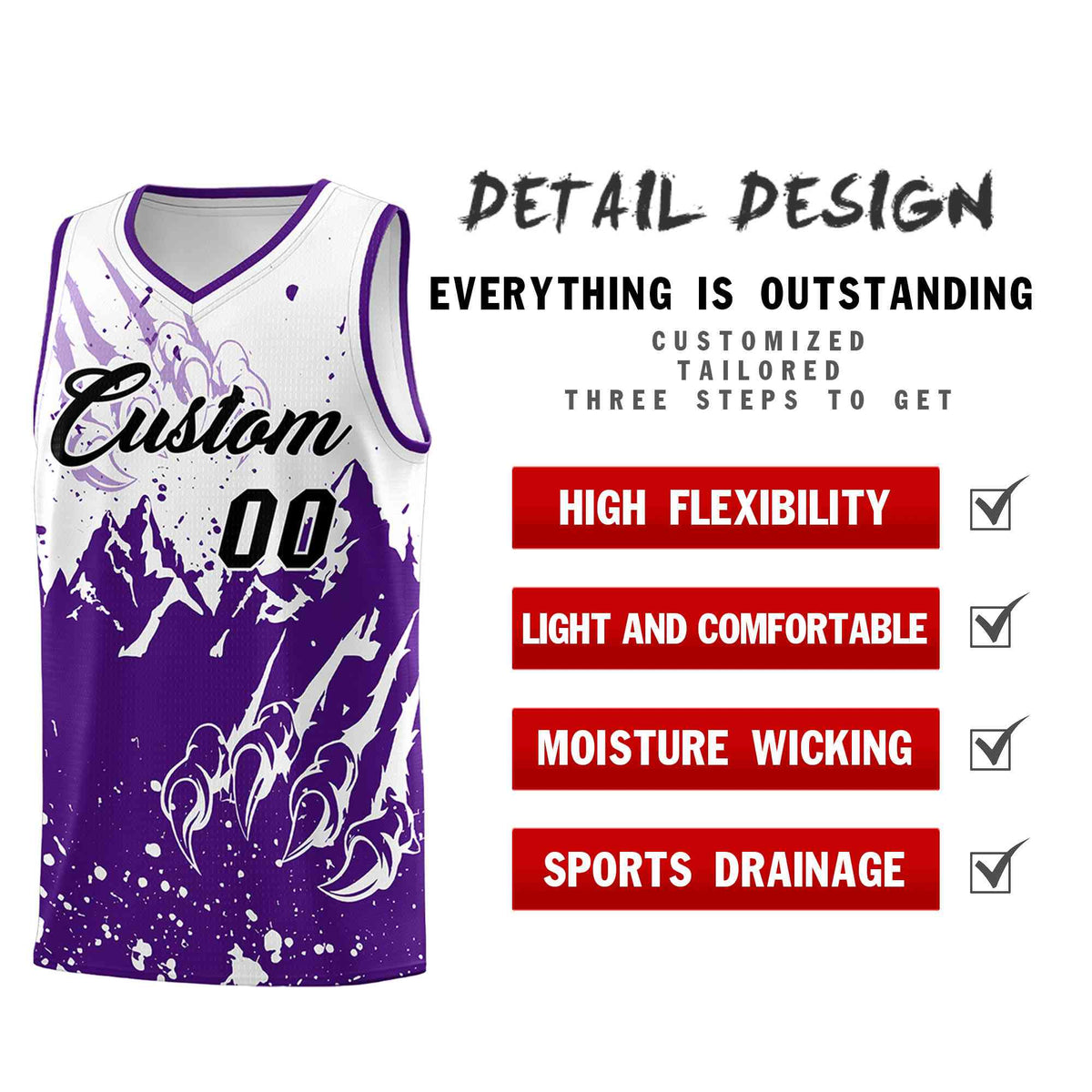 Custom White Purple Snow Mountain Beast Pattern Sports Uniform Basketball Jersey