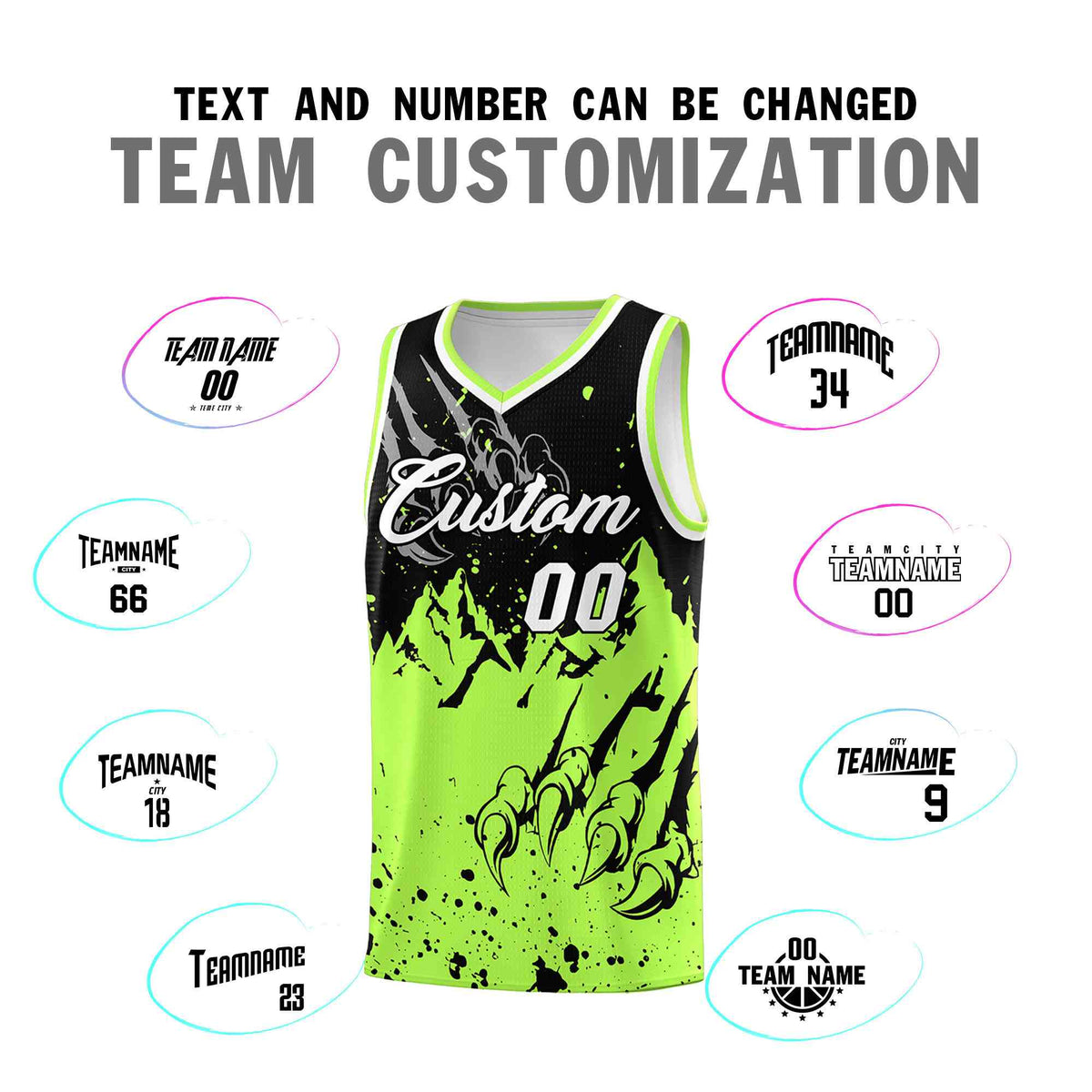 Custom Black Fluorescent Green Snow Mountain Beast Pattern Sports Uniform Basketball Jersey