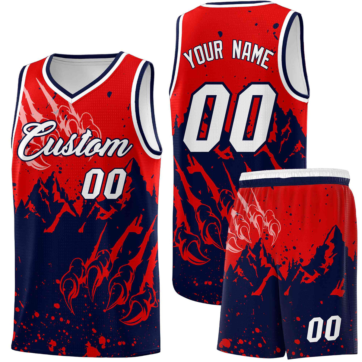 Custom Red Navy Snow Mountain Beast Pattern Sports Uniform Basketball Jersey