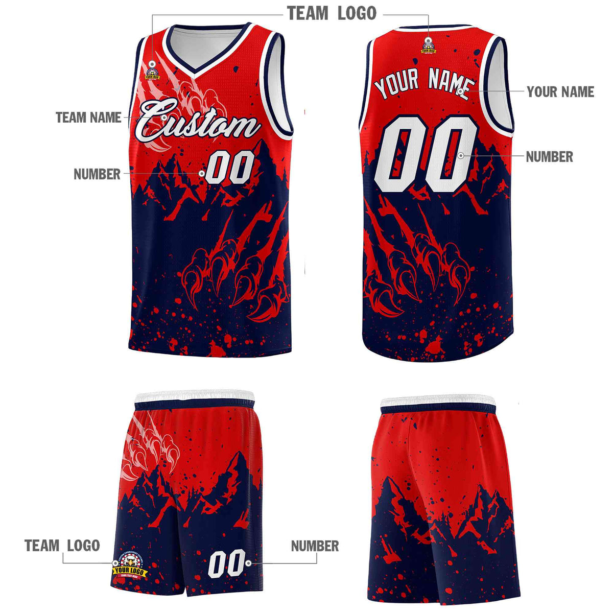 Custom Red Navy Snow Mountain Beast Pattern Sports Uniform Basketball Jersey