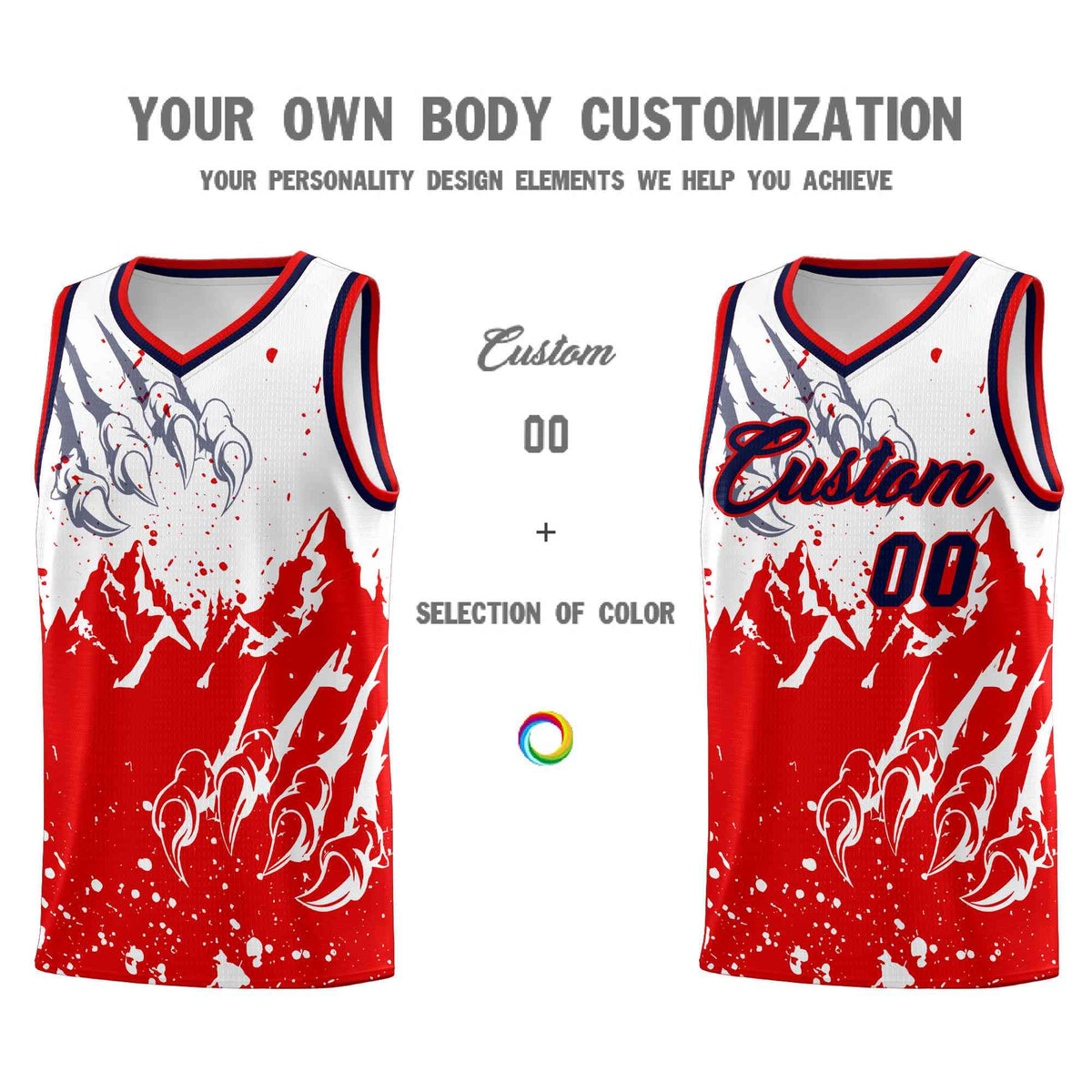 Custom White Red Snow Mountain Beast Pattern Sports Uniform Basketball Jersey