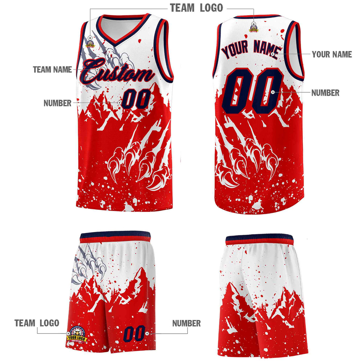 Custom White Red Snow Mountain Beast Pattern Sports Uniform Basketball Jersey