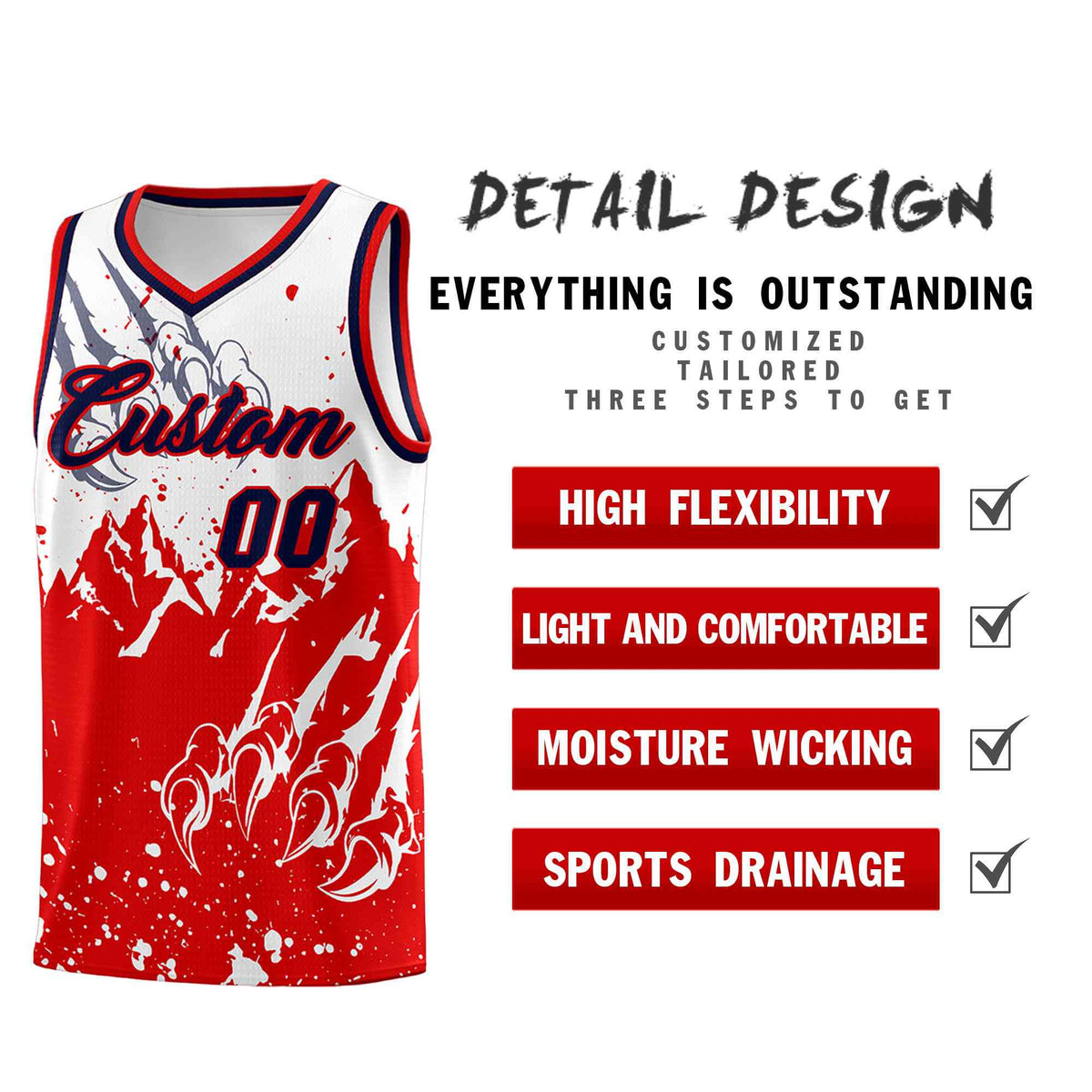Custom White Red Snow Mountain Beast Pattern Sports Uniform Basketball Jersey