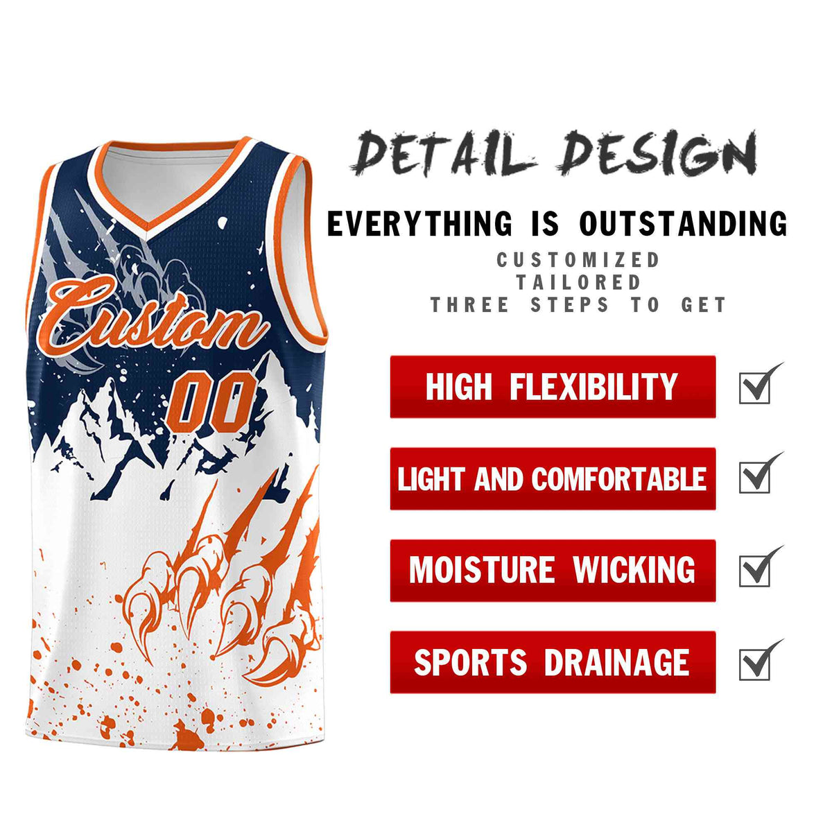 Custom Navy Orange Snow Mountain Beast Pattern Sports Uniform Basketball Jersey