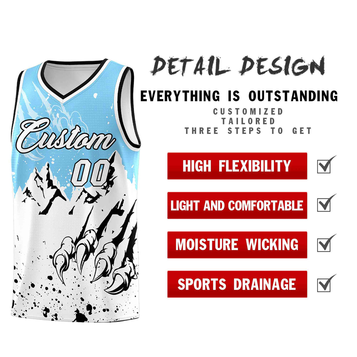 Custom Light Blue White Snow Mountain Beast Pattern Sports Uniform Basketball Jersey