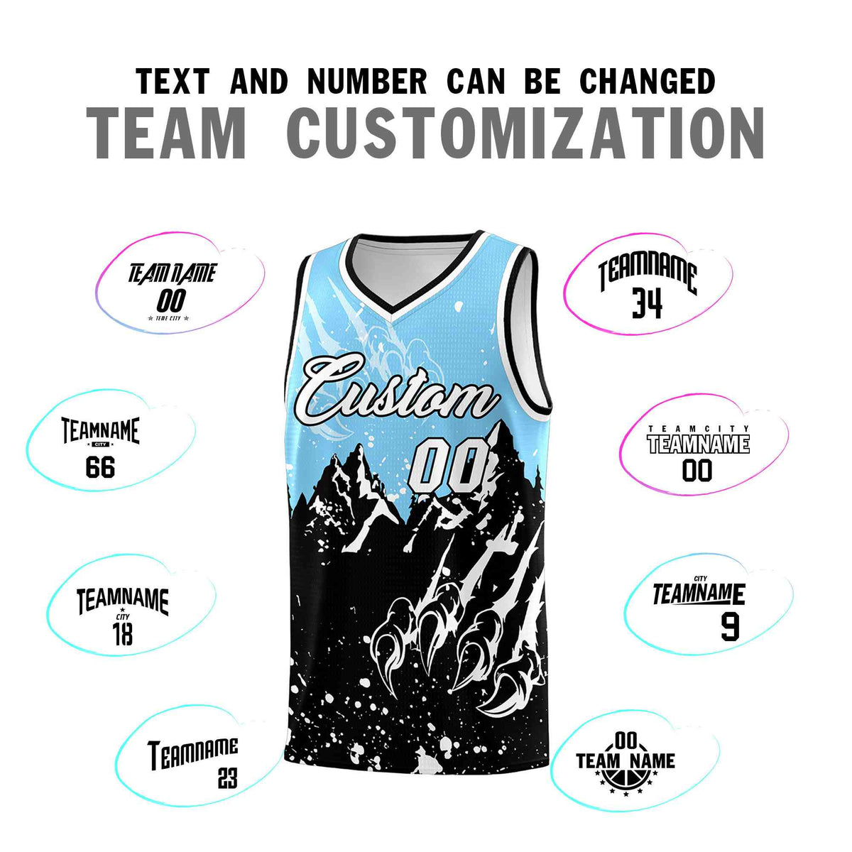 Custom Light Blue Black Snow Mountain Beast Pattern Sports Uniform Basketball Jersey