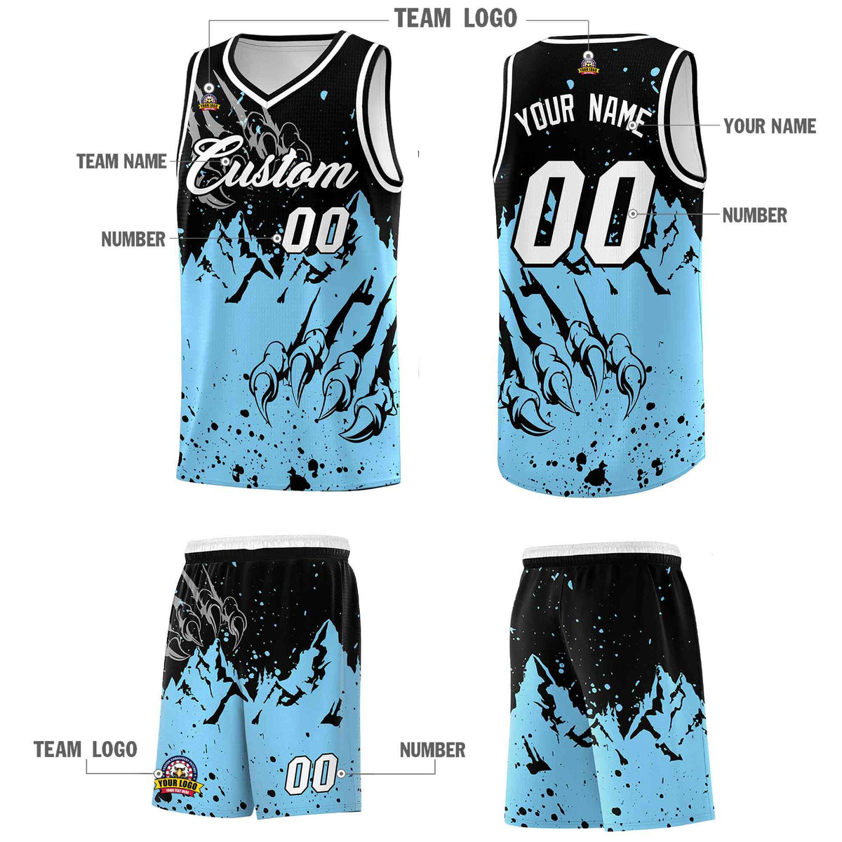 Custom Black Light Blue Snow Mountain Beast Pattern Sports Uniform Basketball Jersey