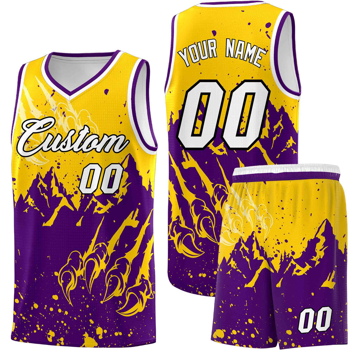 Custom Gold Purple Snow Mountain Beast Pattern Sports Uniform Basketball Jersey