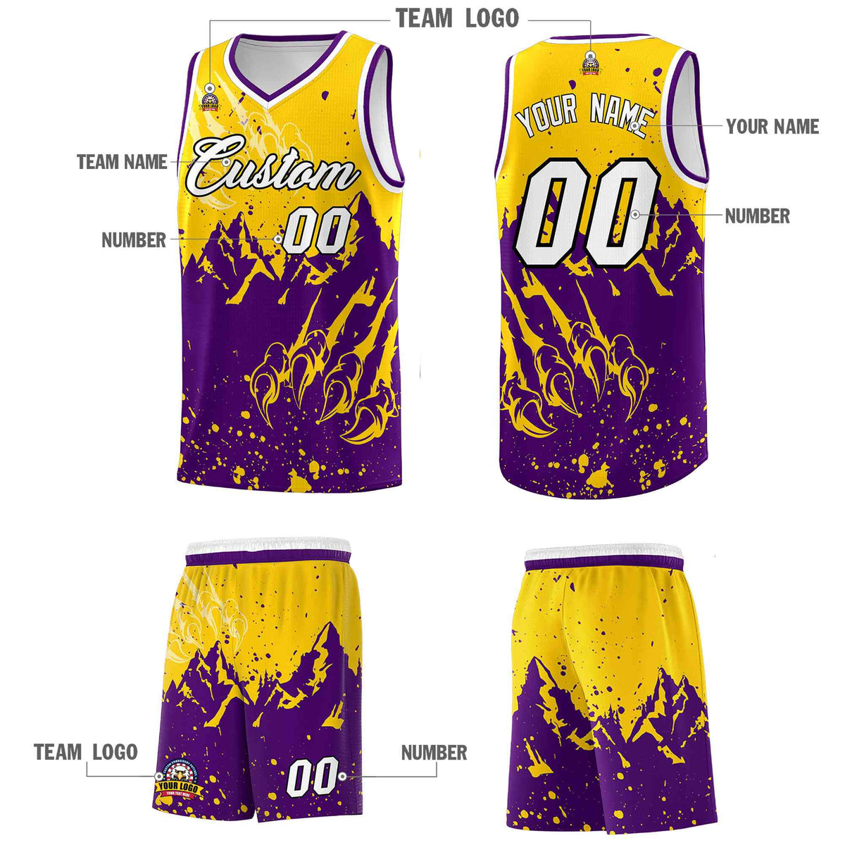 Custom Gold Purple Snow Mountain Beast Pattern Sports Uniform Basketball Jersey