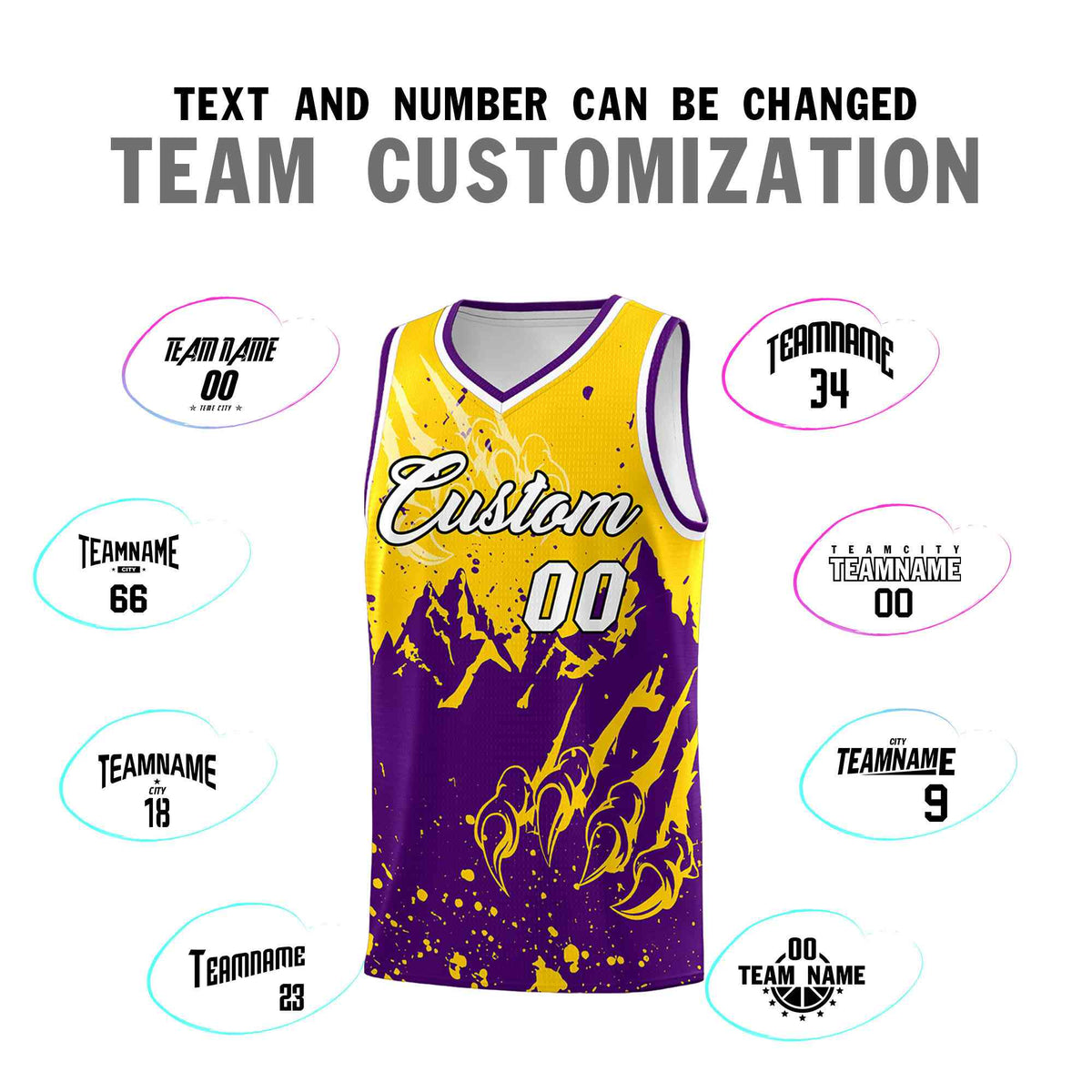 Custom Gold Purple Snow Mountain Beast Pattern Sports Uniform Basketball Jersey