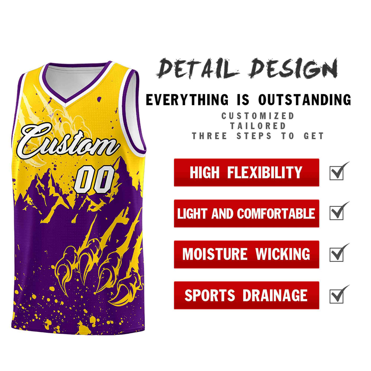 Custom Gold Purple Snow Mountain Beast Pattern Sports Uniform Basketball Jersey