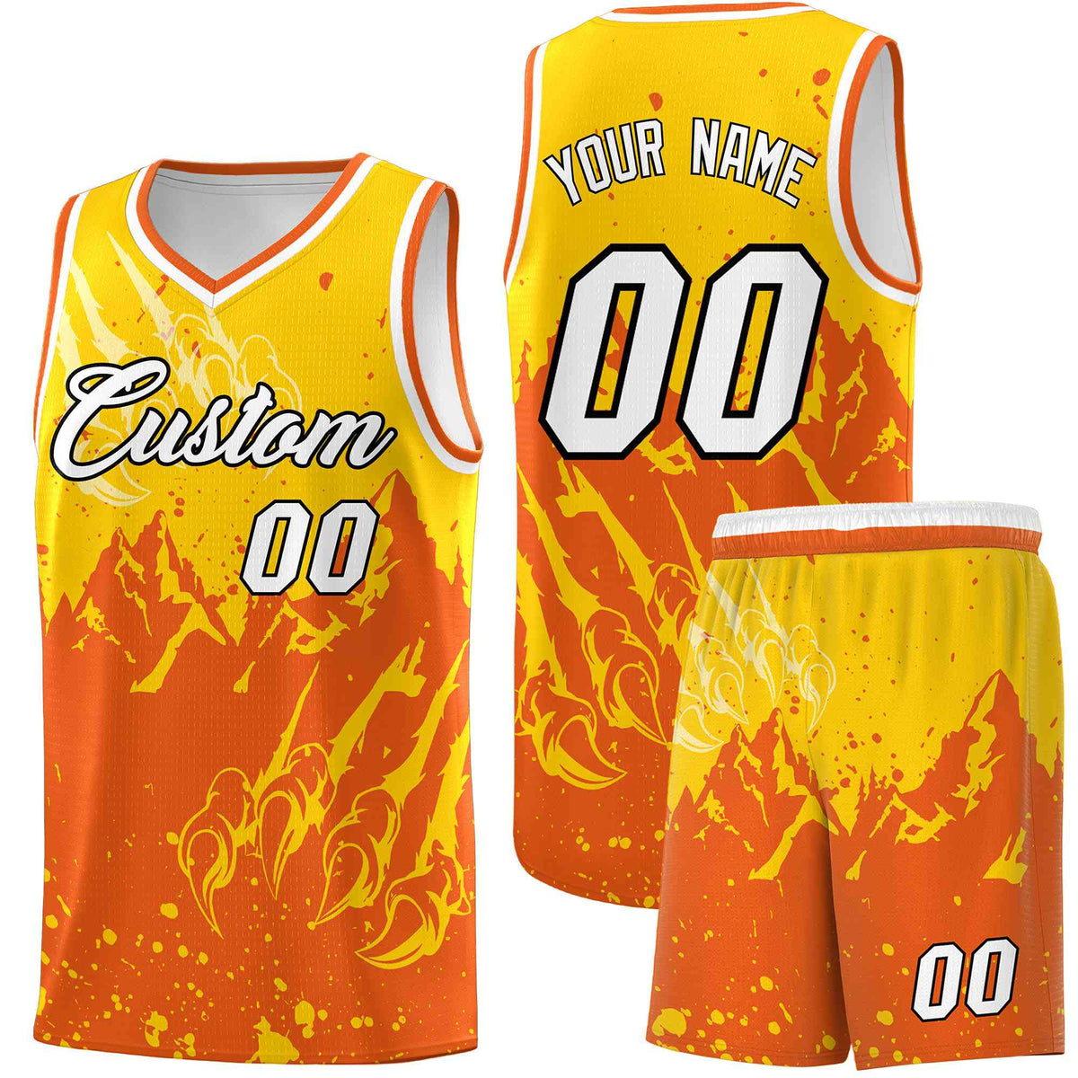 Custom Gold Orange Snow Mountain Beast Pattern Sports Uniform Basketball Jersey