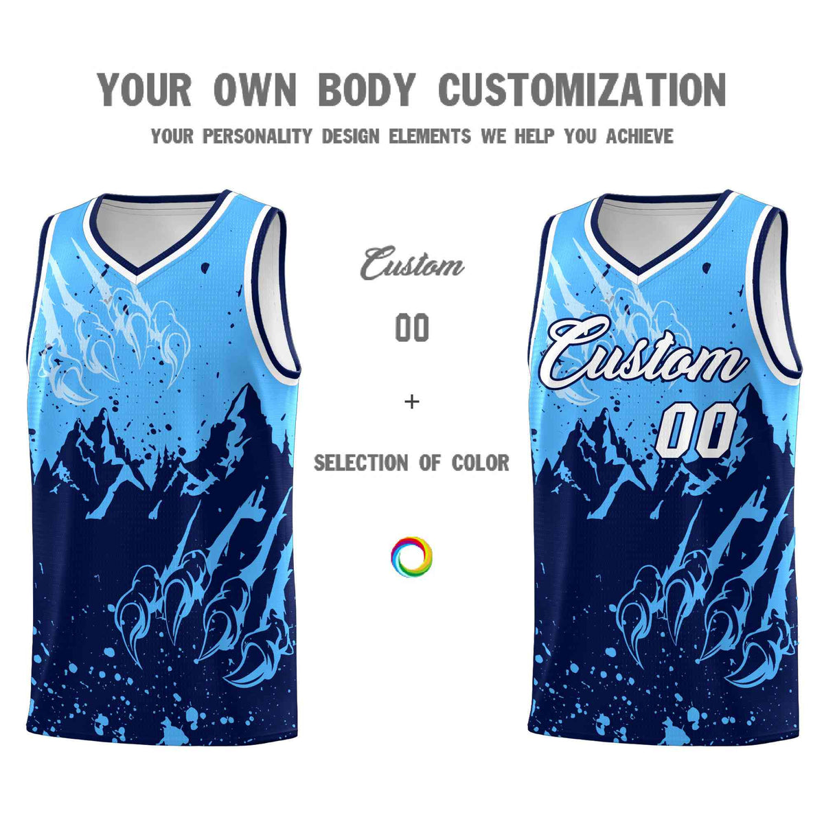 Custom Powder Blue Navy Snow Mountain Beast Pattern Sports Uniform Basketball Jersey