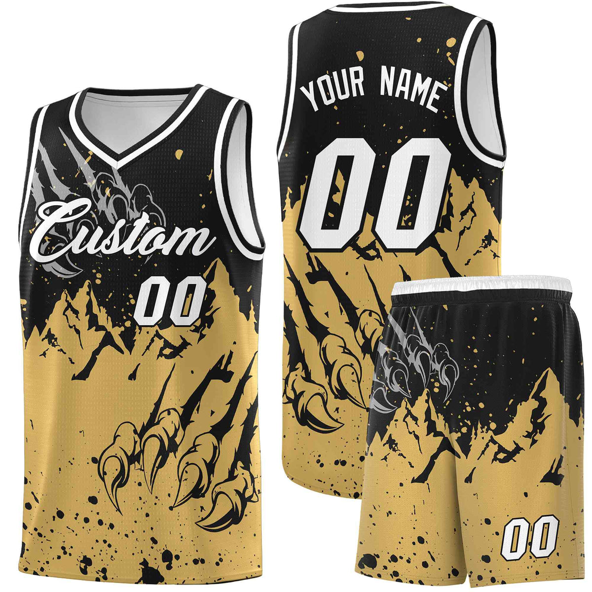 Custom Black Old Gold Snow Mountain Beast Pattern Sports Uniform Basketball Jersey