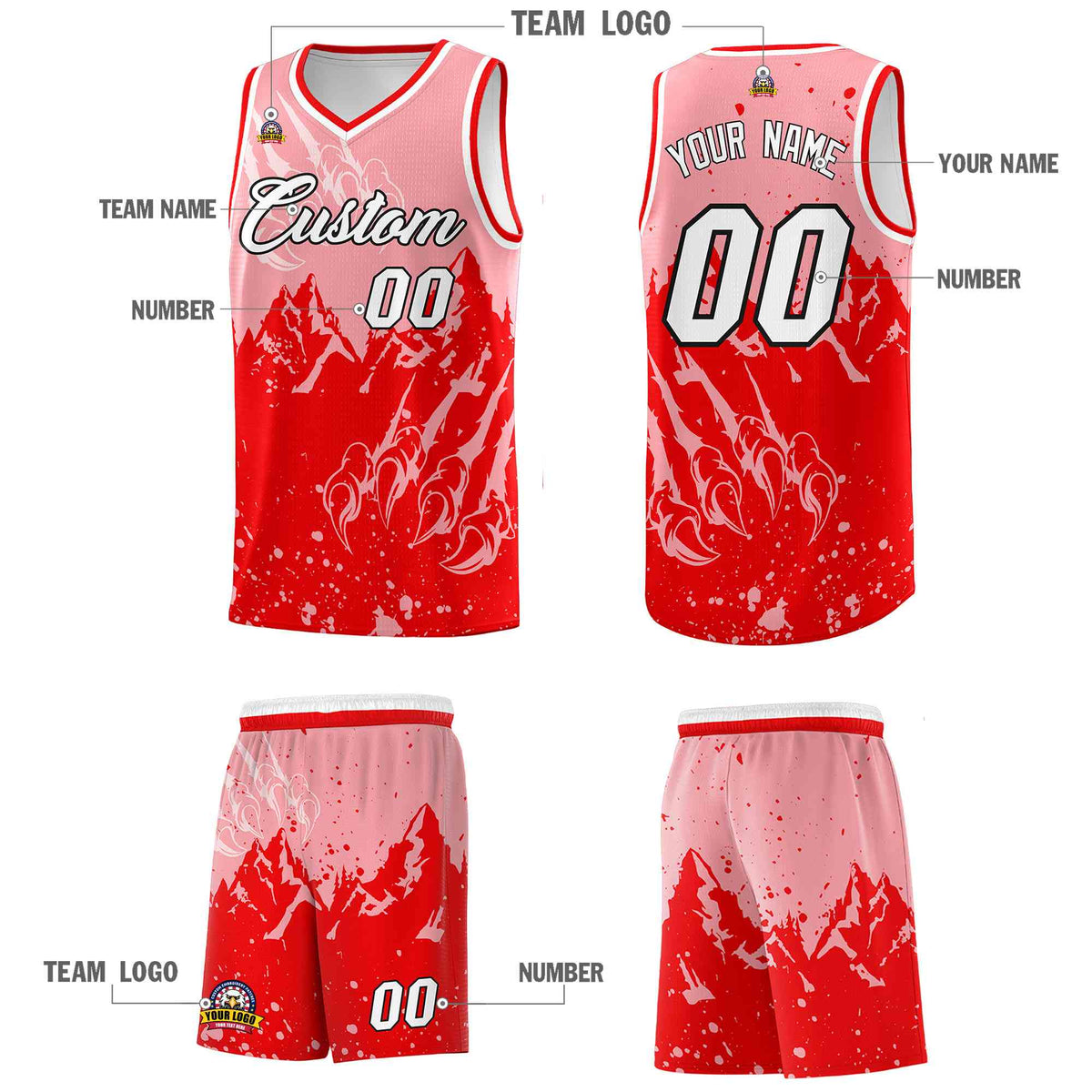 Custom Light Pink Light Red Snow Mountain Beast Pattern Sports Uniform Basketball Jersey