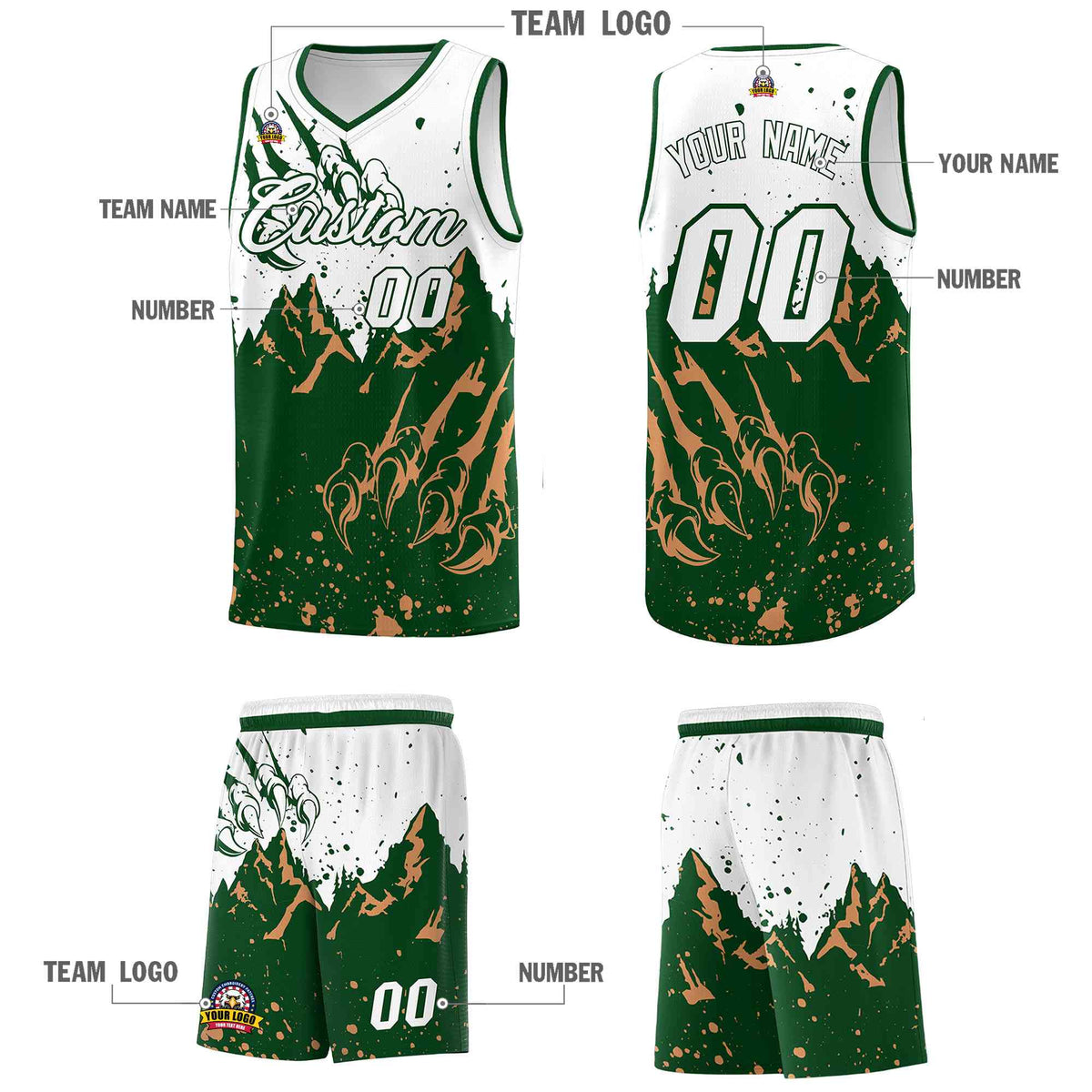 Custom White Green Snow Mountain Beast Pattern Sports Uniform Basketball Jersey