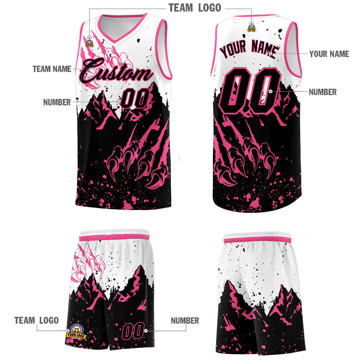 Custom White Pink Snow Mountain Beast Pattern Sports Uniform Basketball Jersey