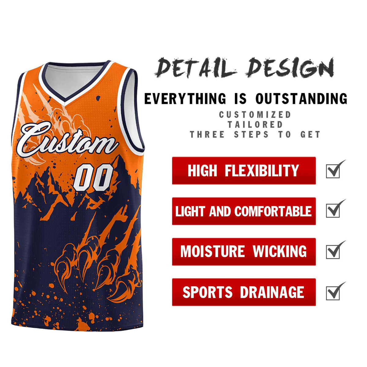 Custom Orange Navy Snow Mountain Beast Pattern Sports Uniform Basketball Jersey