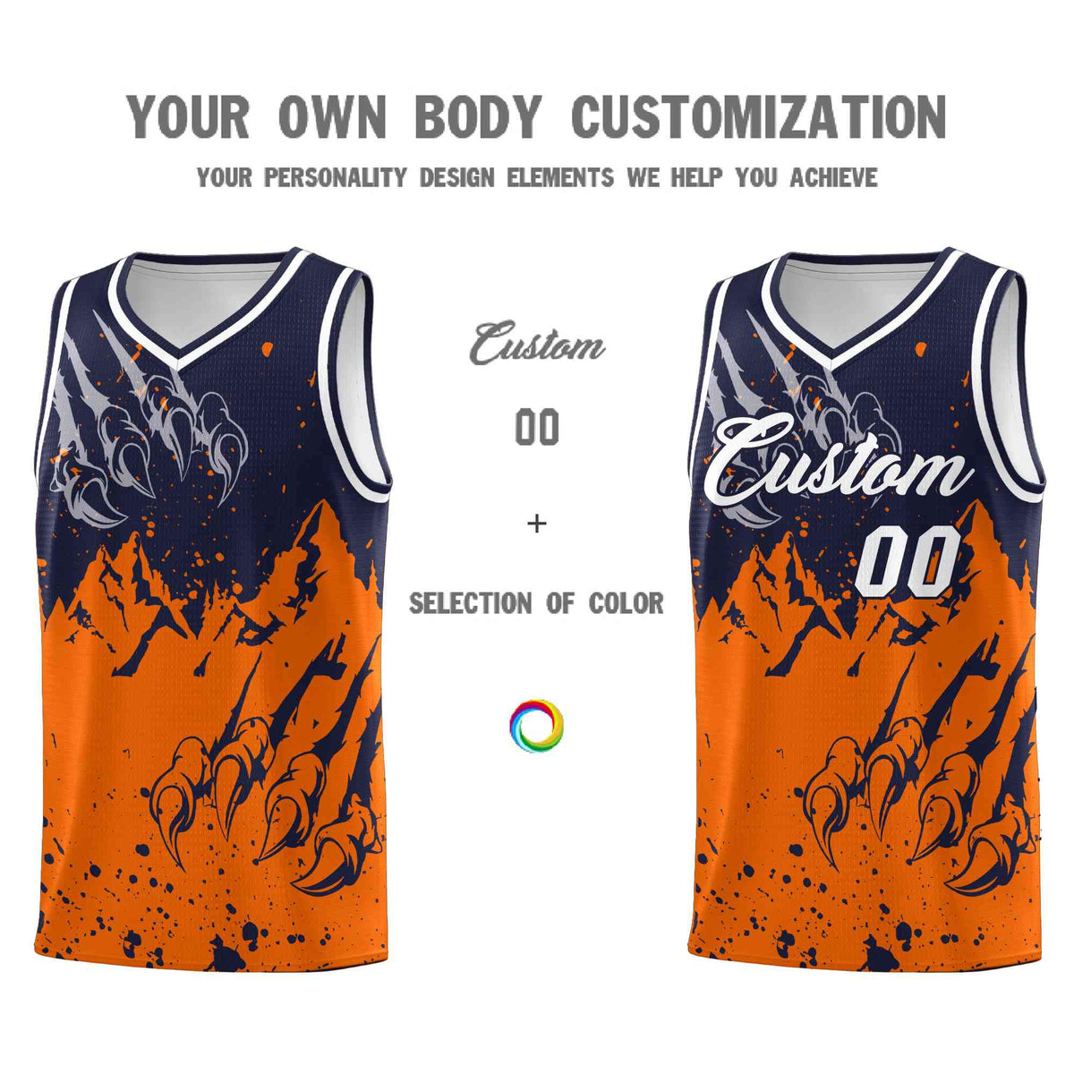 Custom Navy Orange Snow Mountain Beast Pattern Sports Uniform Basketball Jersey
