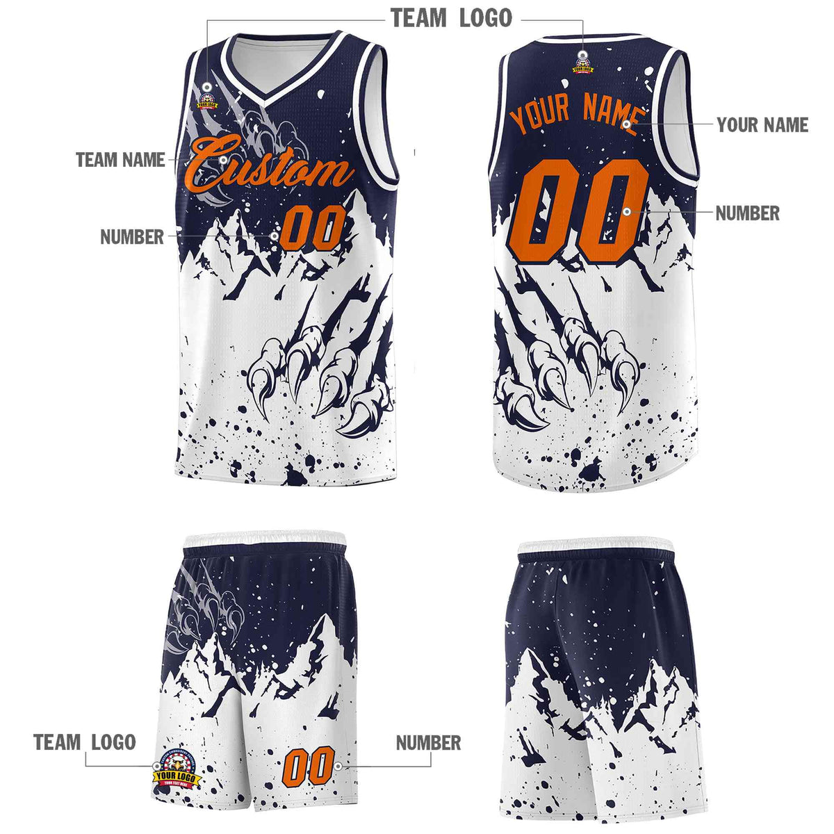 Custom Navy White Snow Mountain Beast Pattern Sports Uniform Basketball Jersey
