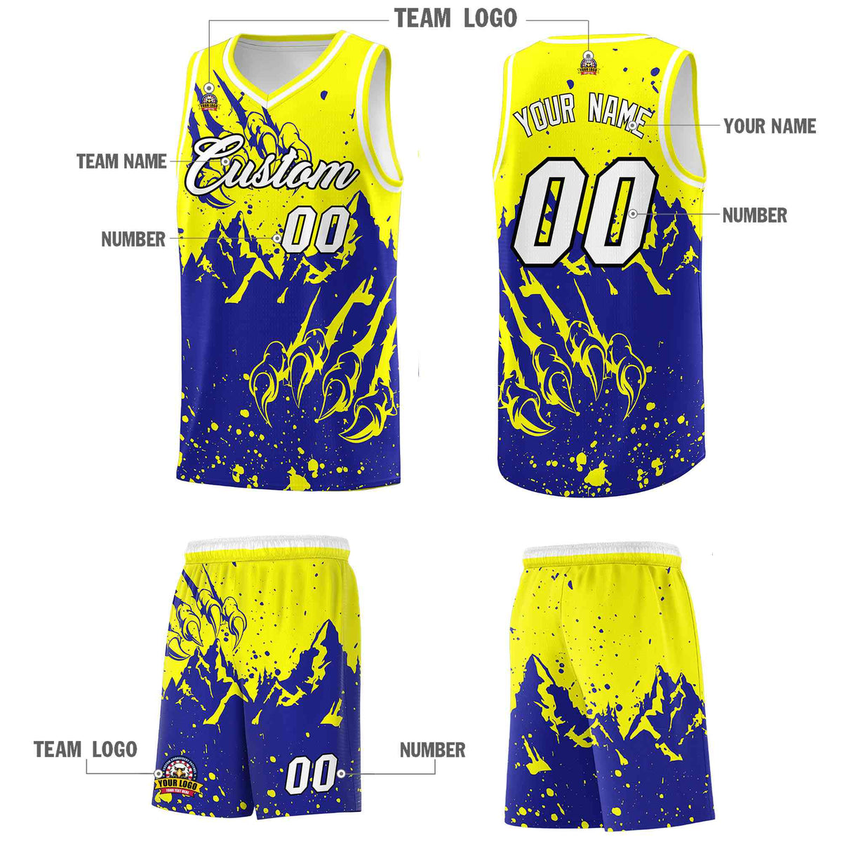 Custom Fluorescent Yellow Royal Snow Mountain Beast Pattern Sports Uniform Basketball Jersey