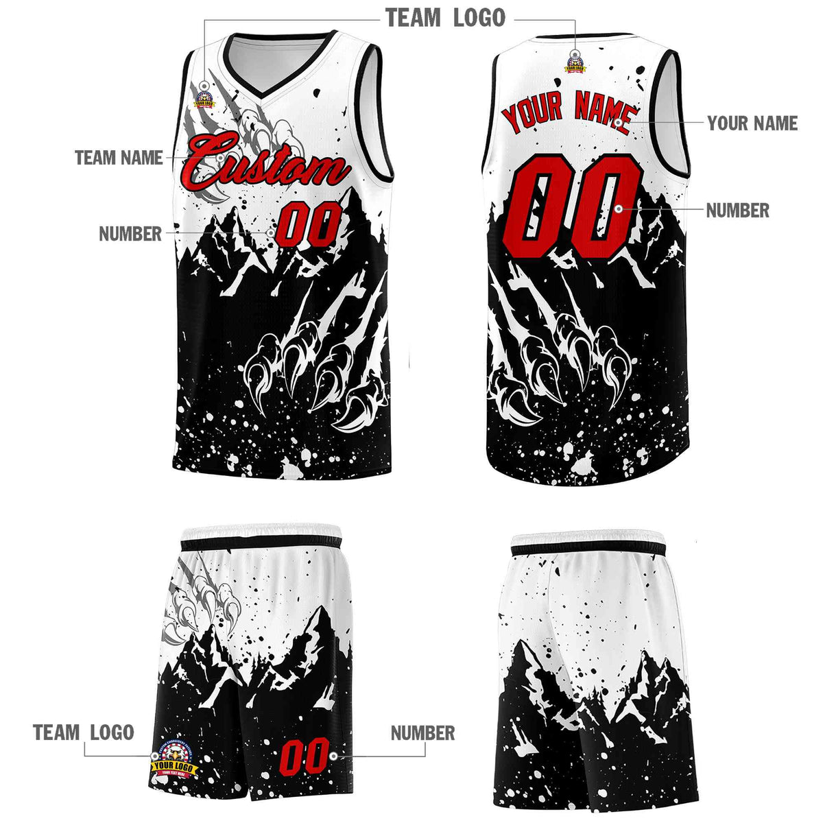 Custom White Black Snow Mountain Beast Pattern Sports Uniform Basketball Jersey