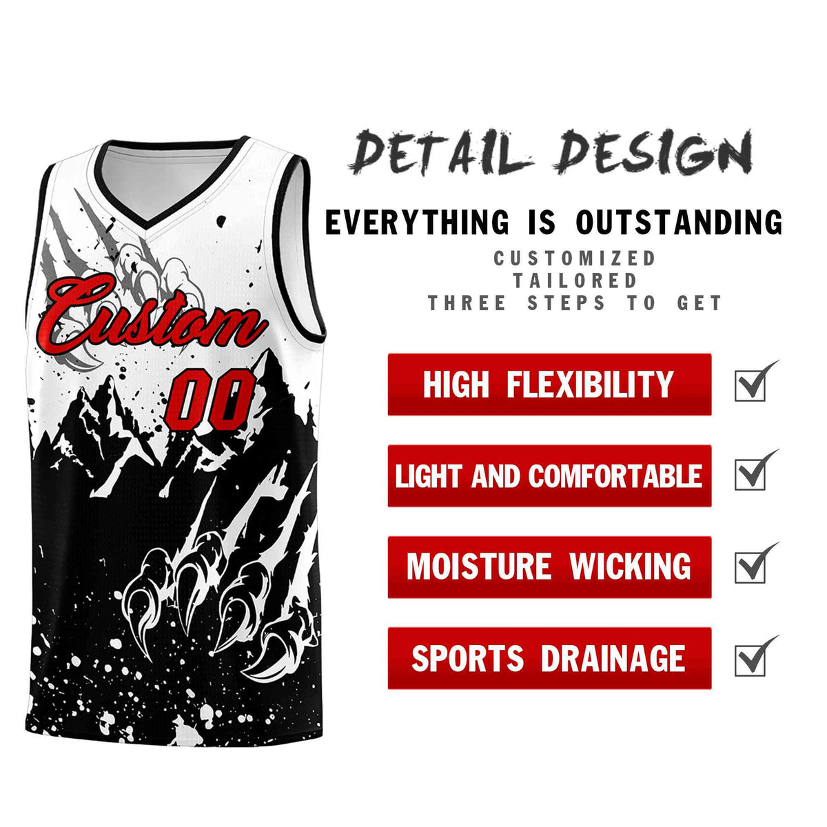 Custom White Black Snow Mountain Beast Pattern Sports Uniform Basketball Jersey