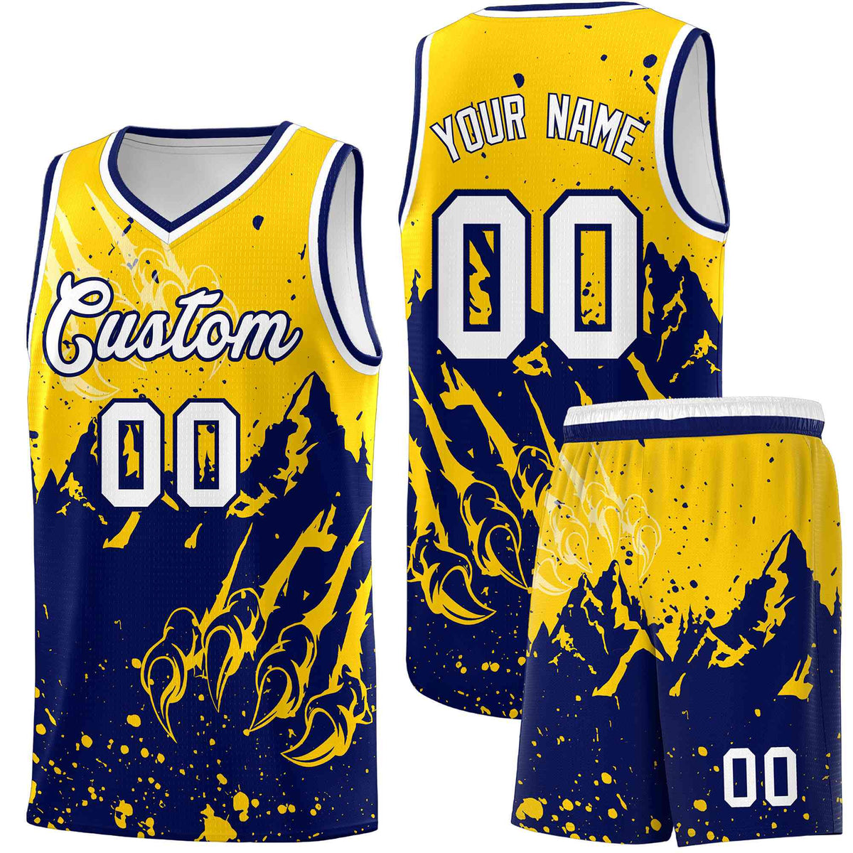 Custom Gold Navy Snow Mountain Beast Pattern Sports Uniform Basketball Jersey| KXKSHOP