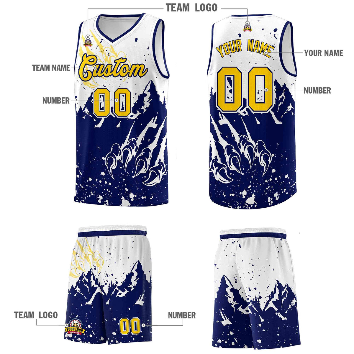 Custom White Navy Snow Mountain Beast Pattern Sports Uniform Basketball Jersey