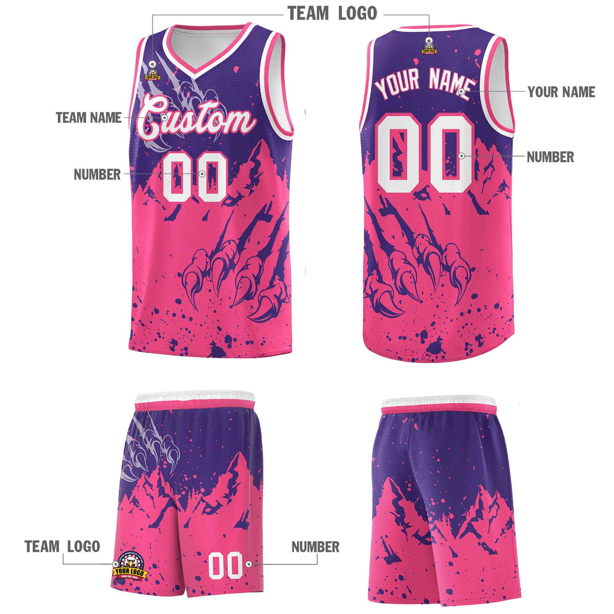 Custom Purple Pink Snow Mountain Beast Pattern Sports Uniform Basketball Jersey