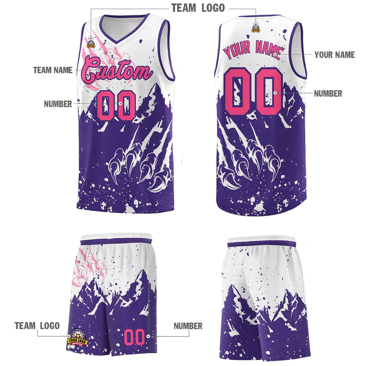 Custom White Purple Snow Mountain Beast Pattern Sports Uniform Basketball Jersey