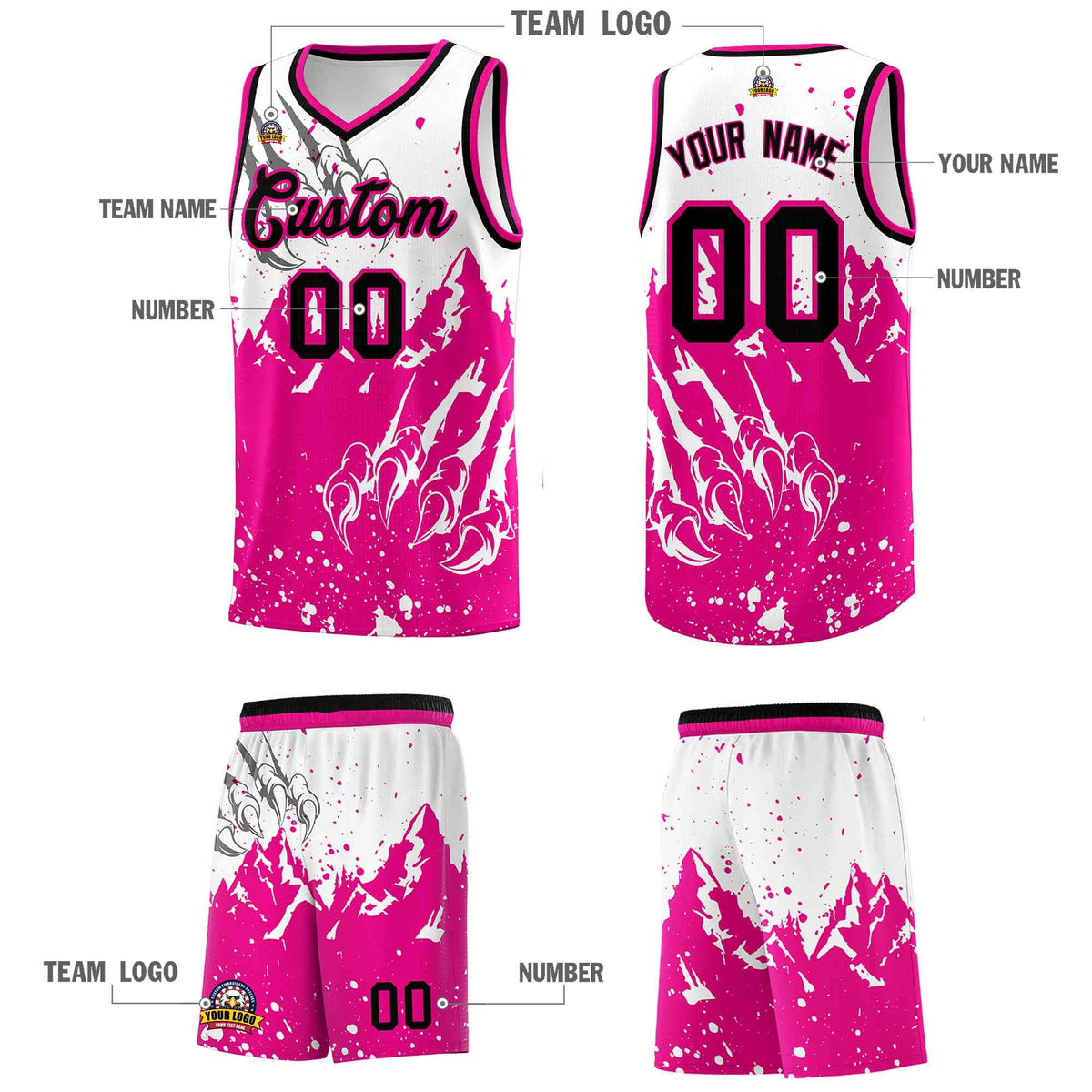 Custom White Pink Snow Mountain Beast Pattern Sports Uniform Basketball Jersey