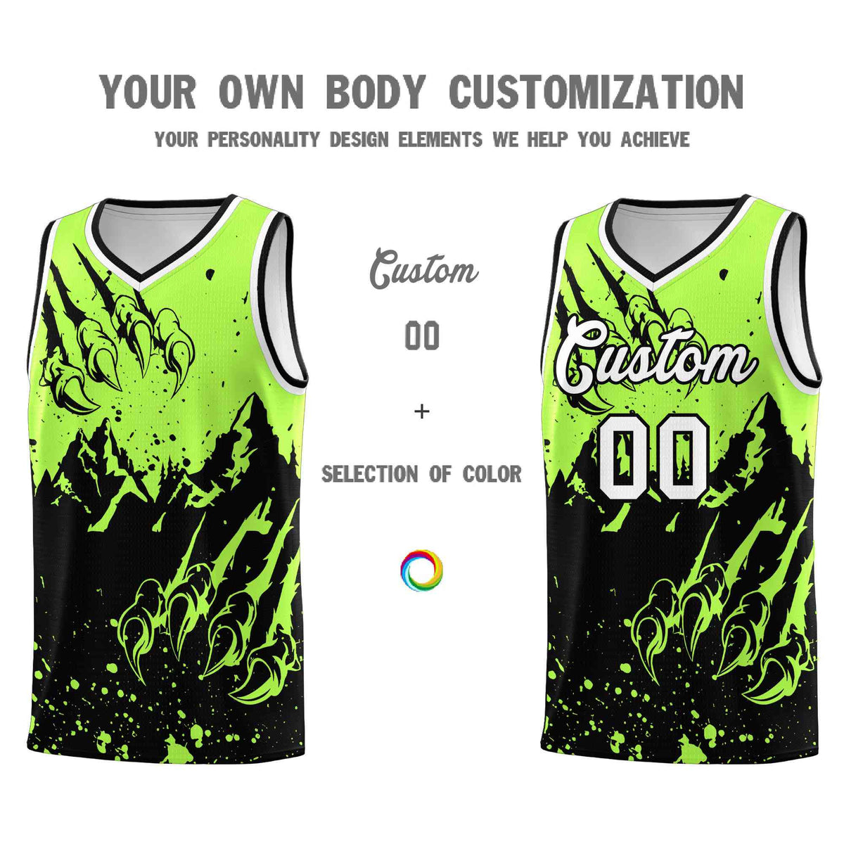 Custom Fluorescent Green Black Snow Mountain Beast Pattern Sports Uniform Basketball Jersey| KXKSHOP