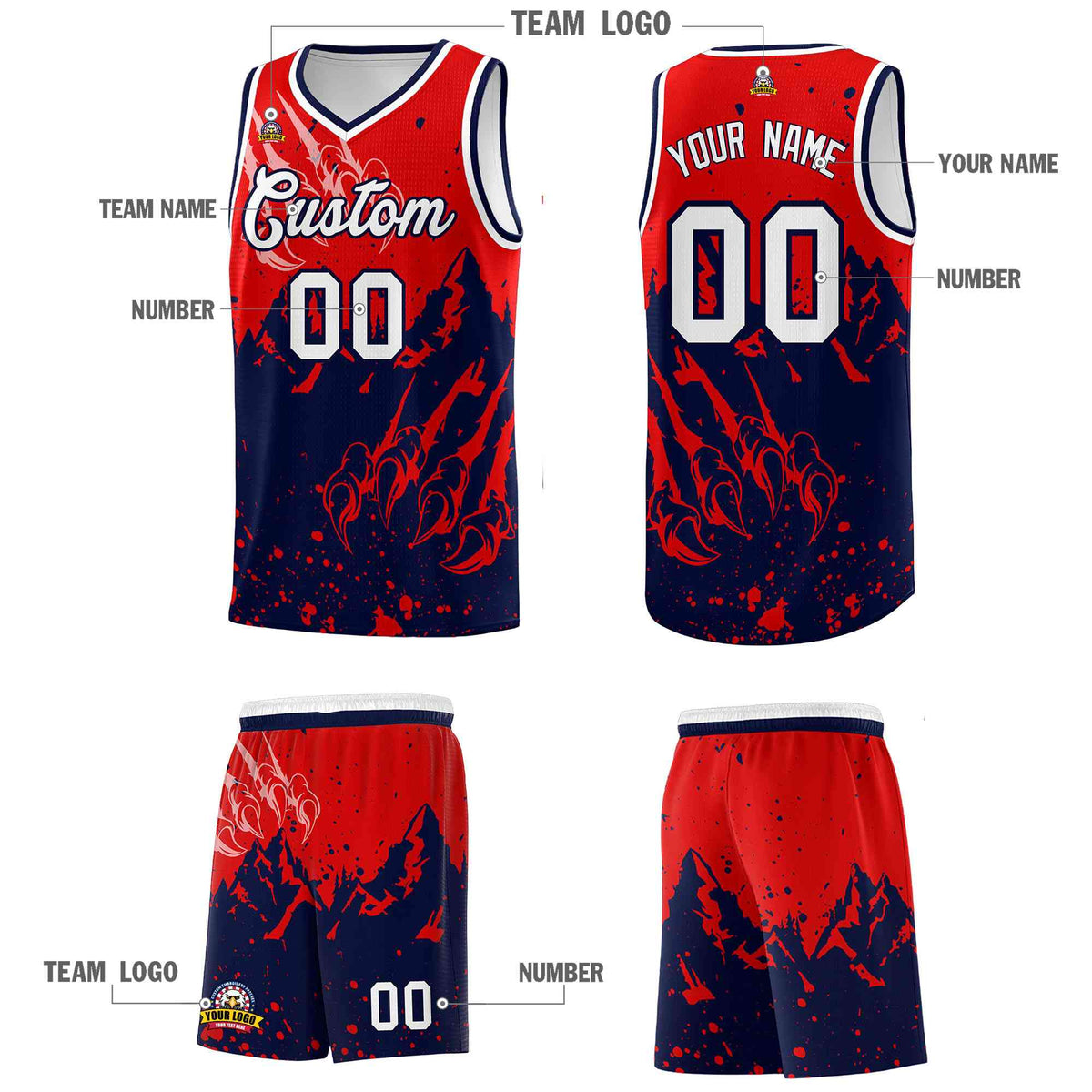 Custom Red Navy Snow Mountain Beast Pattern Sports Uniform Basketball Jersey