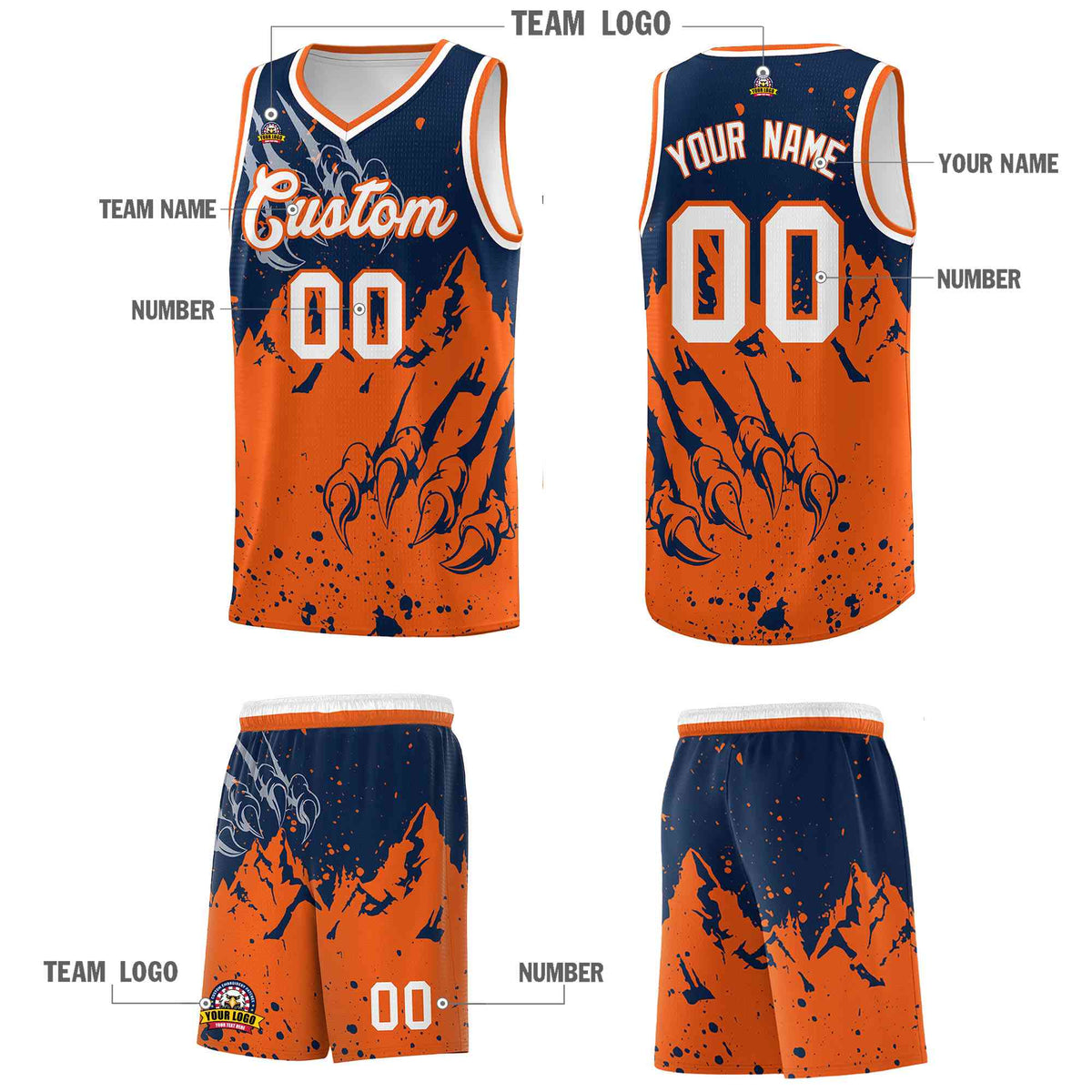 Custom Navy Orange Snow Mountain Beast Pattern Sports Uniform Basketball Jersey