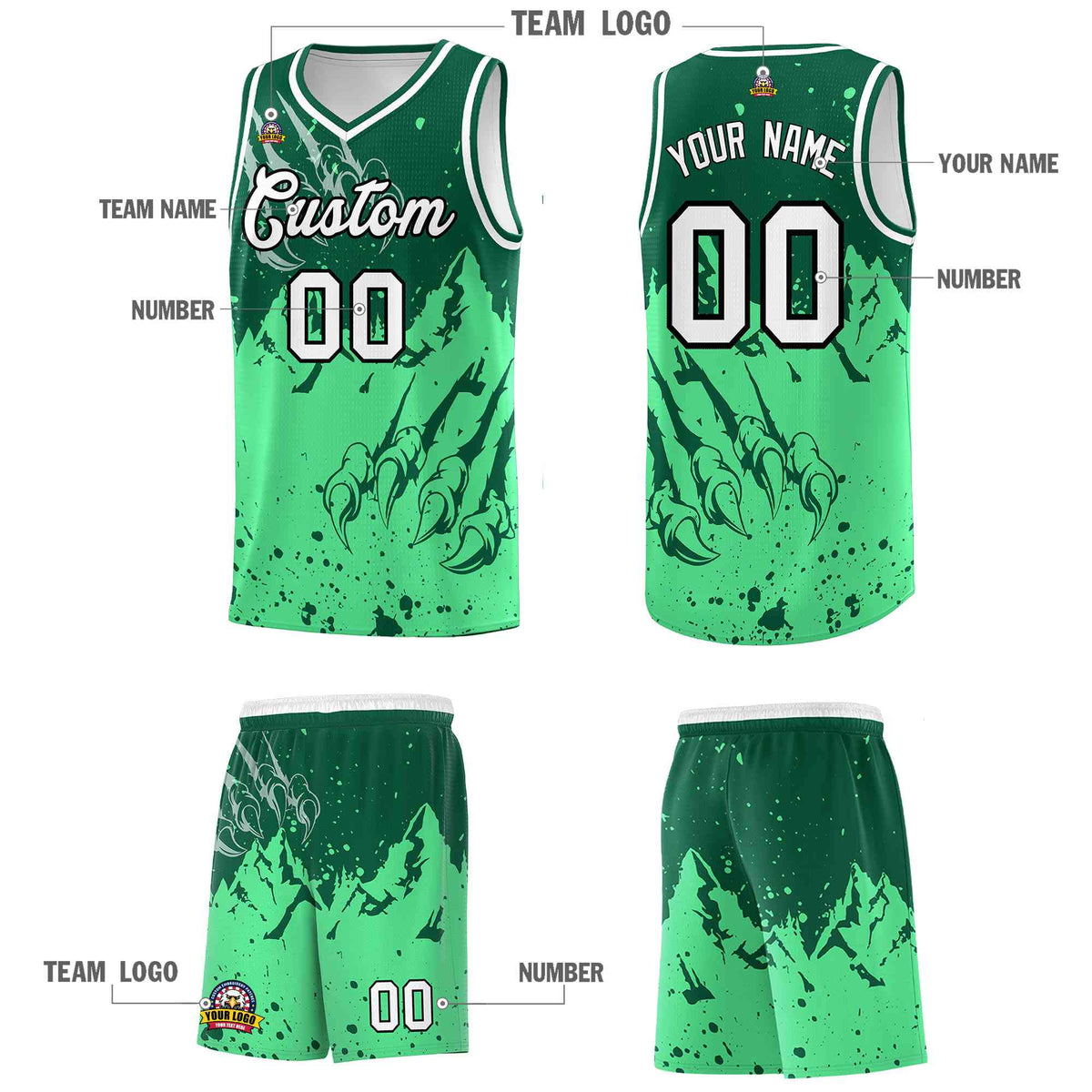Custom Kelly Green Green Snow Mountain Beast Pattern Sports Uniform Basketball Jersey