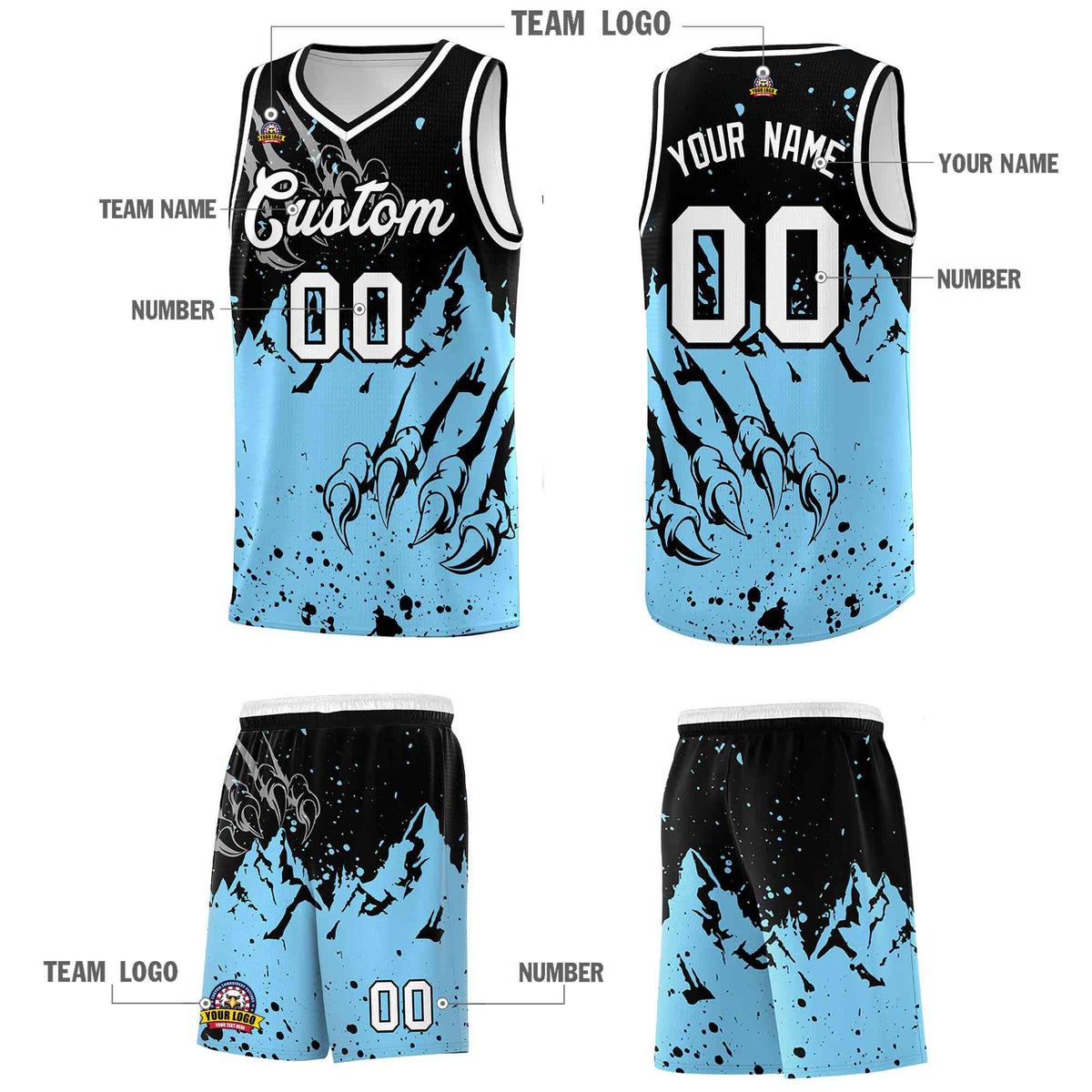 Custom Black Light Blue Snow Mountain Beast Pattern Sports Uniform Basketball Jersey