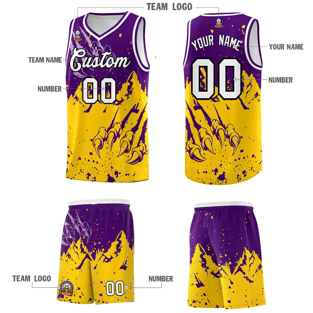Custom Purple Gold Snow Mountain Beast Pattern Sports Uniform Basketball Jersey