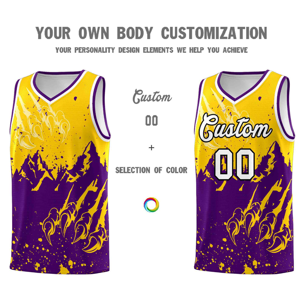Custom Gold Purple Snow Mountain Beast Pattern Sports Uniform Basketball Jersey| KXKSHOP