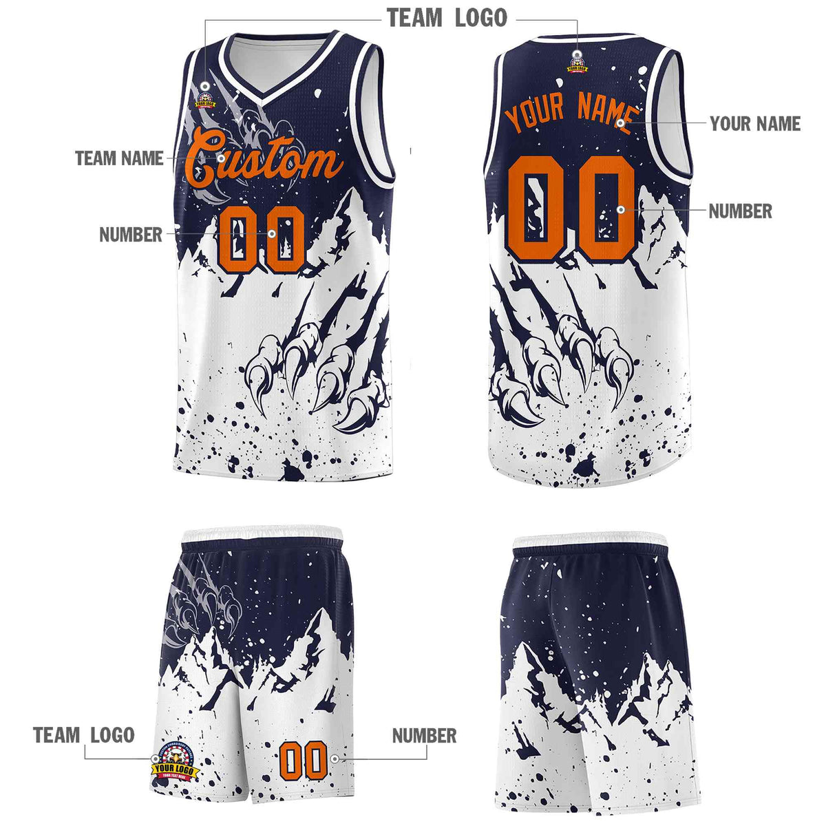 Custom Navy White Snow Mountain Beast Pattern Sports Uniform Basketball Jersey