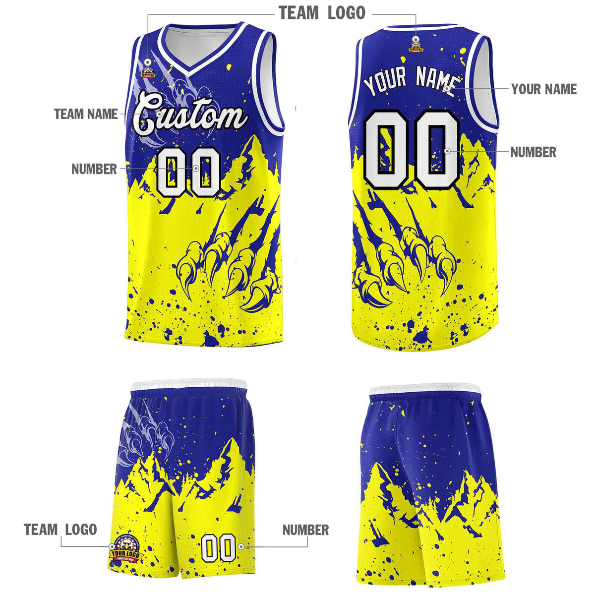 Custom Royal Fluorescent Yellow Snow Mountain Beast Pattern Sports Uniform Basketball Jersey