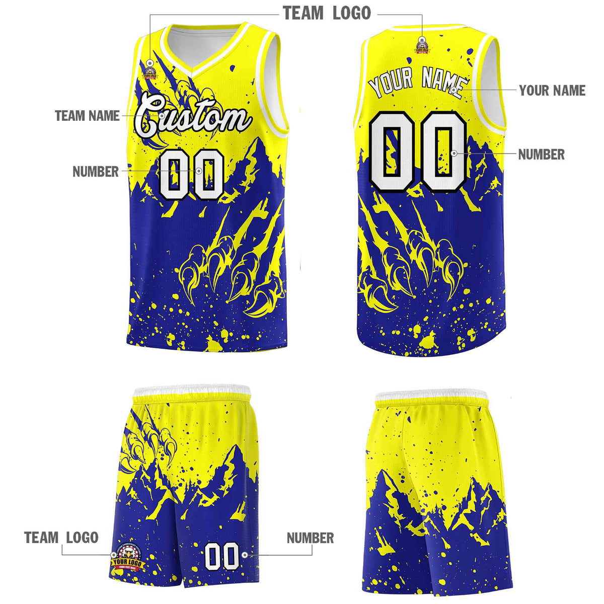 Custom Fluorescent Yellow Royal Snow Mountain Beast Pattern Sports Uniform Basketball Jersey