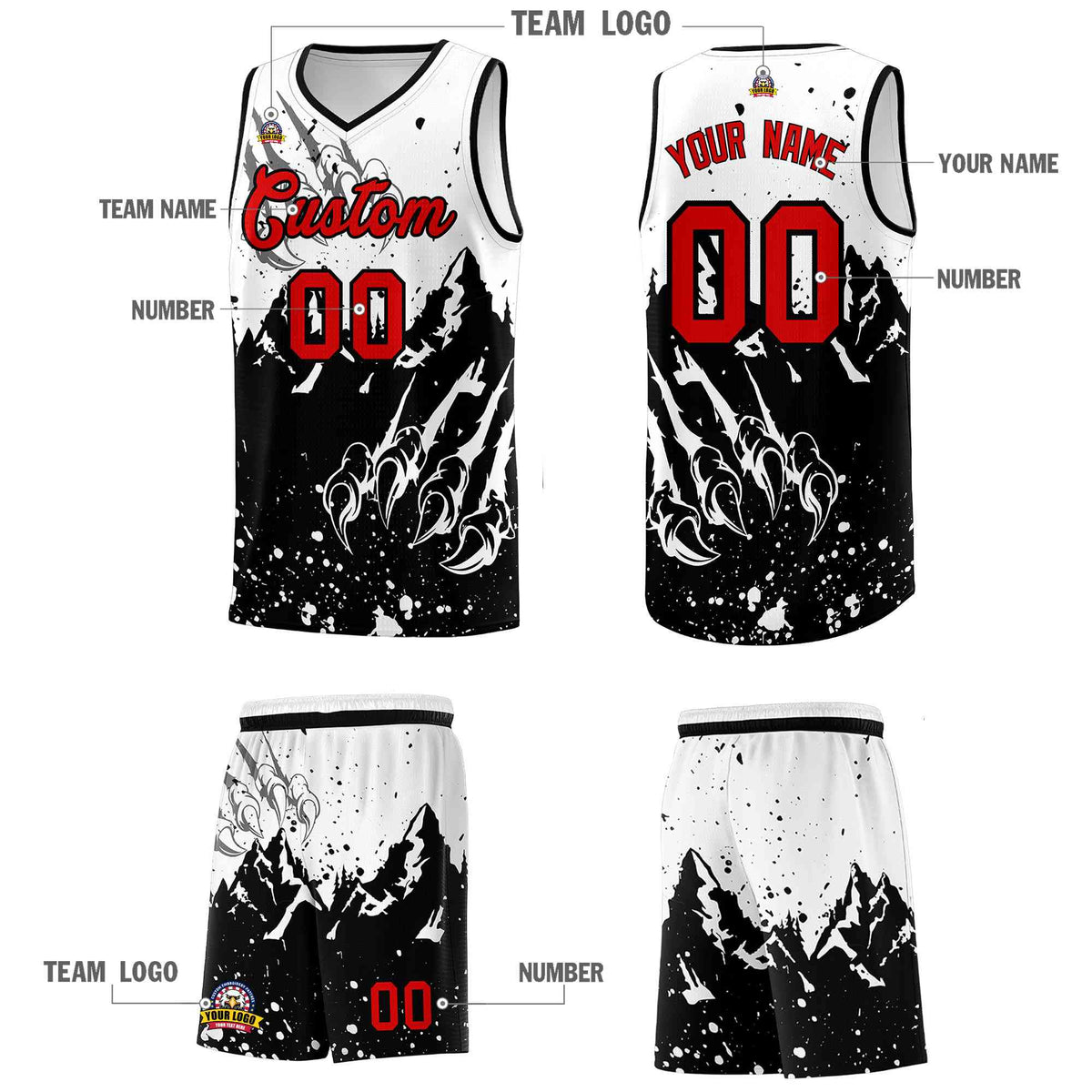 Custom White Black Snow Mountain Beast Pattern Sports Uniform Basketball Jersey
