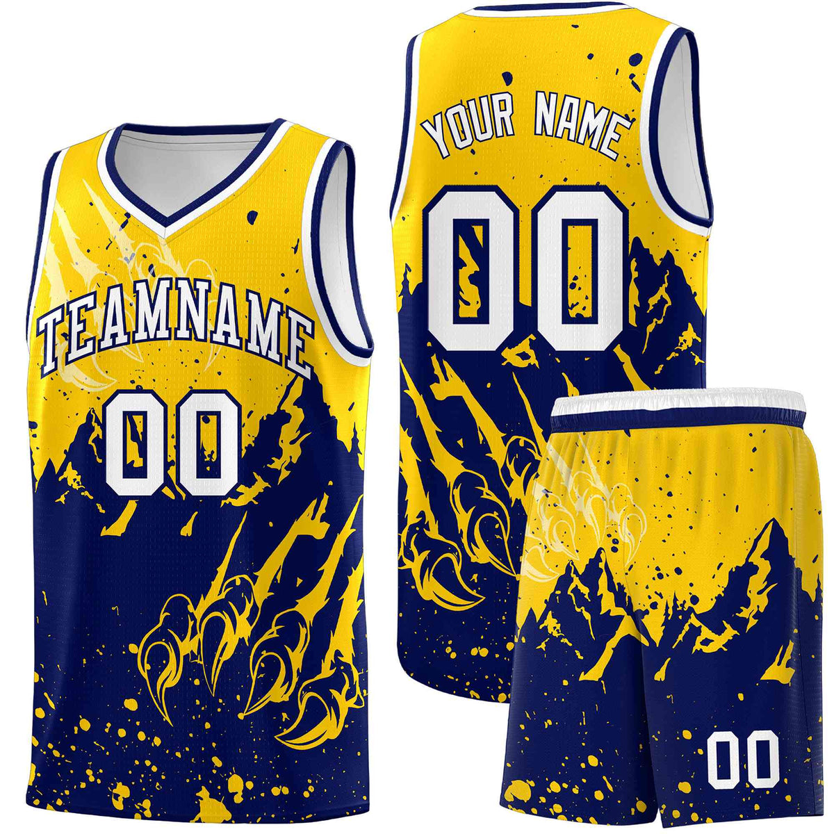 Custom Gold Navy Snow Mountain Beast Pattern Sports Uniform Basketball Jersey
