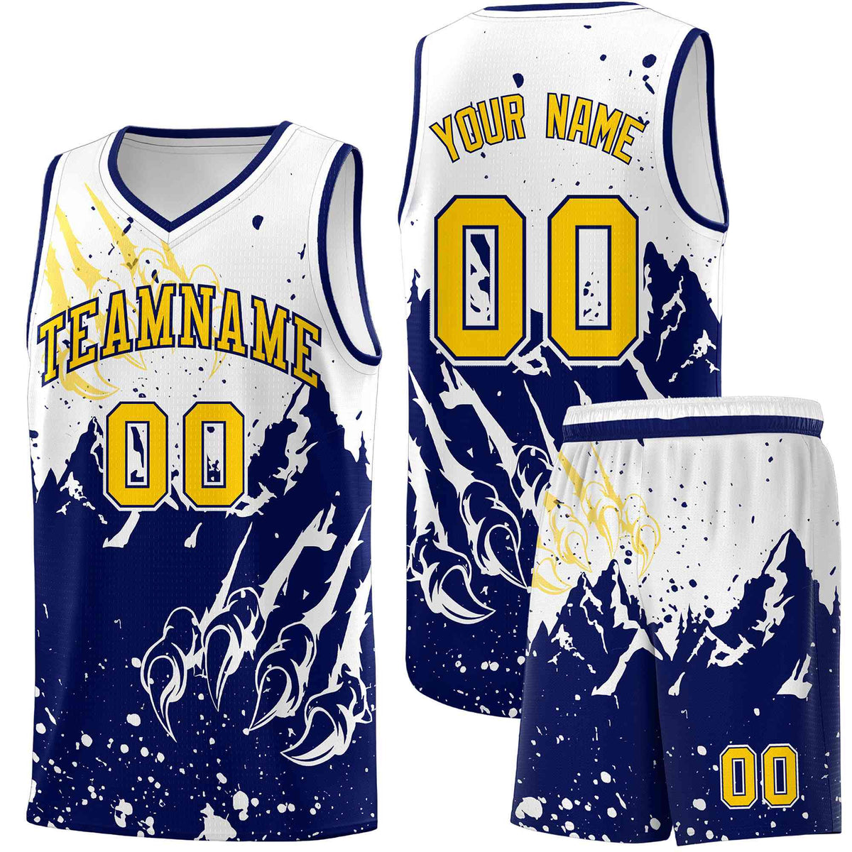 Custom White Navy Snow Mountain Beast Pattern Sports Uniform Basketball Jersey