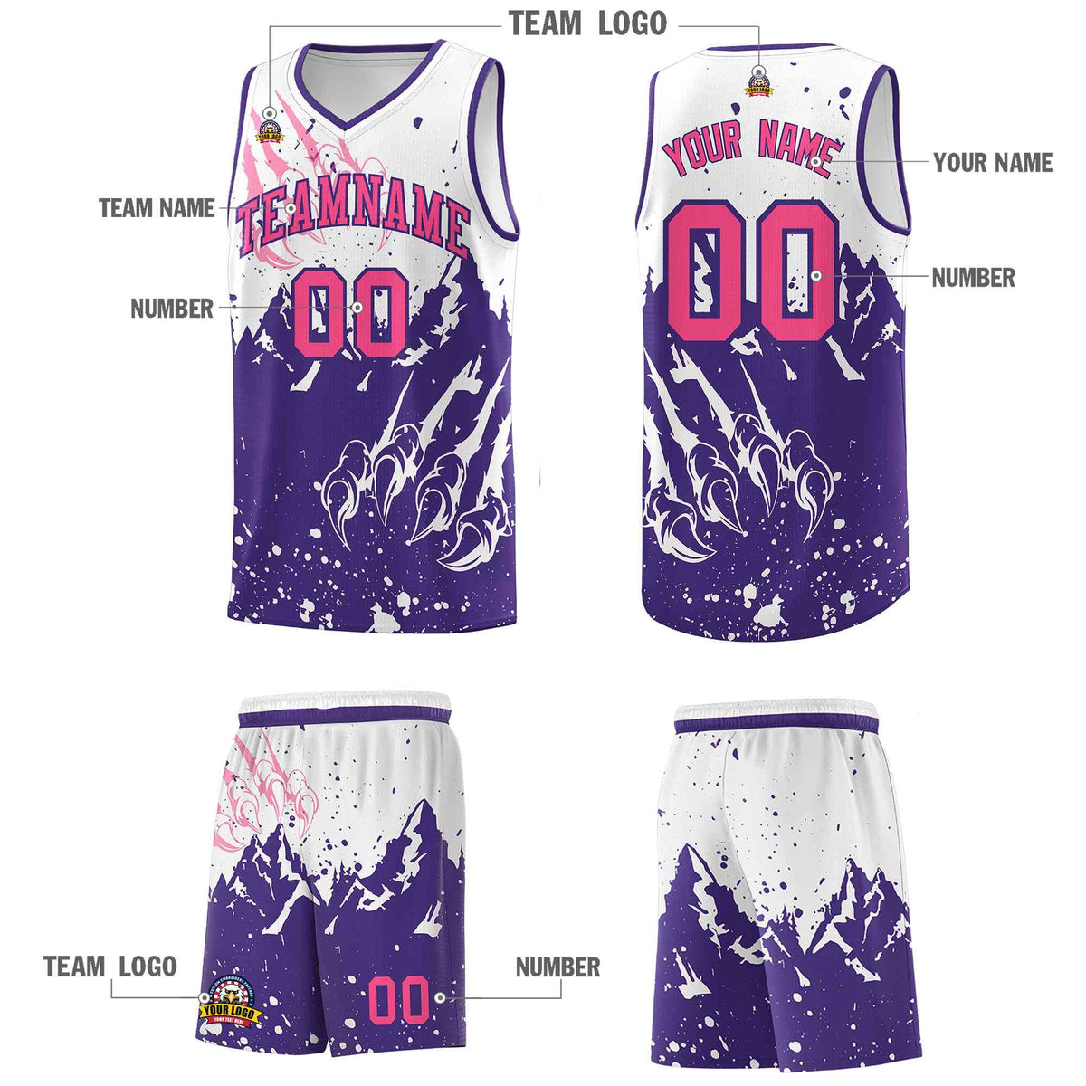 Custom White Purple Snow Mountain Beast Pattern Sports Uniform Basketball Jersey
