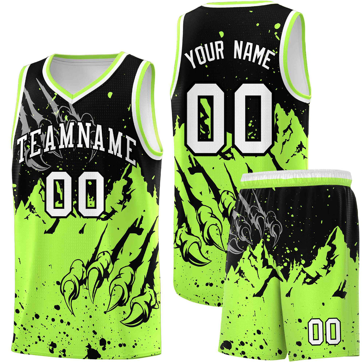 Custom Black Fluorescent Green Snow Mountain Beast Pattern Sports Uniform Basketball Jersey