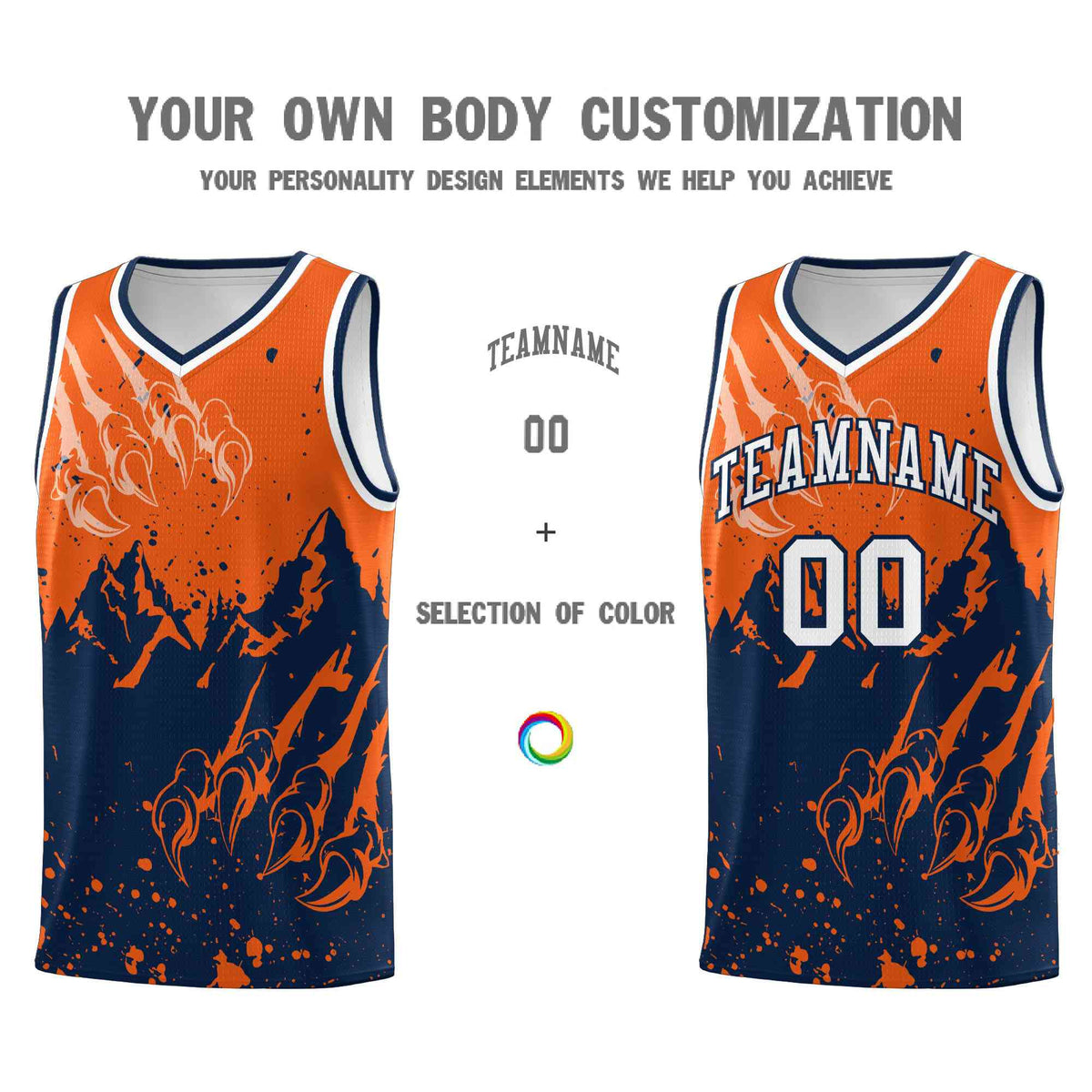 Custom Orange Navy Snow Mountain Beast Pattern Sports Uniform Basketball Jersey