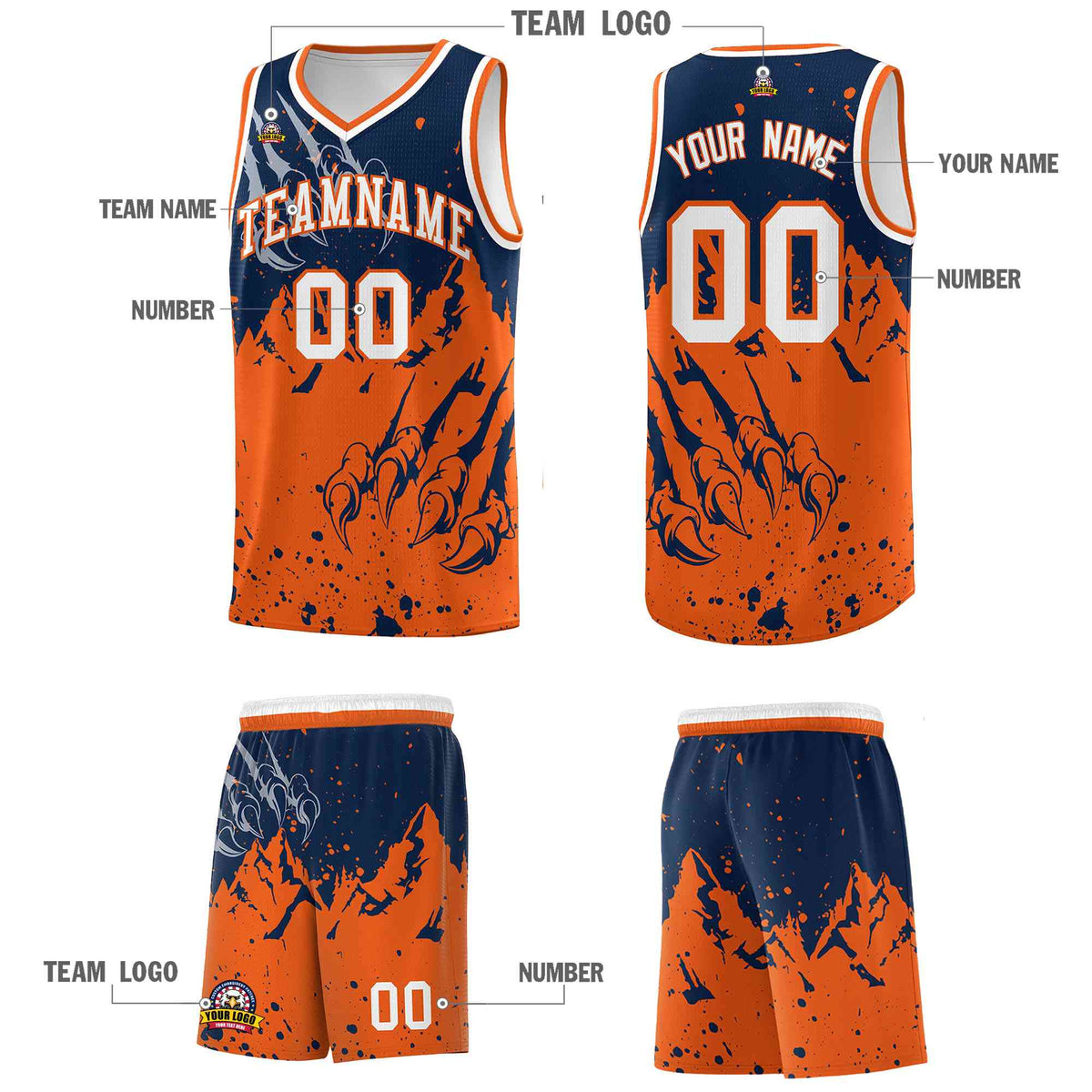 Custom Navy Orange Snow Mountain Beast Pattern Sports Uniform Basketball Jersey