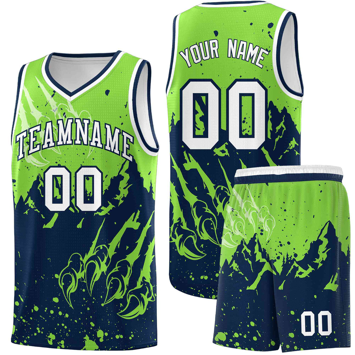 Custom Fluorescent Green Navy Snow Mountain Beast Pattern Sports Uniform Basketball Jersey